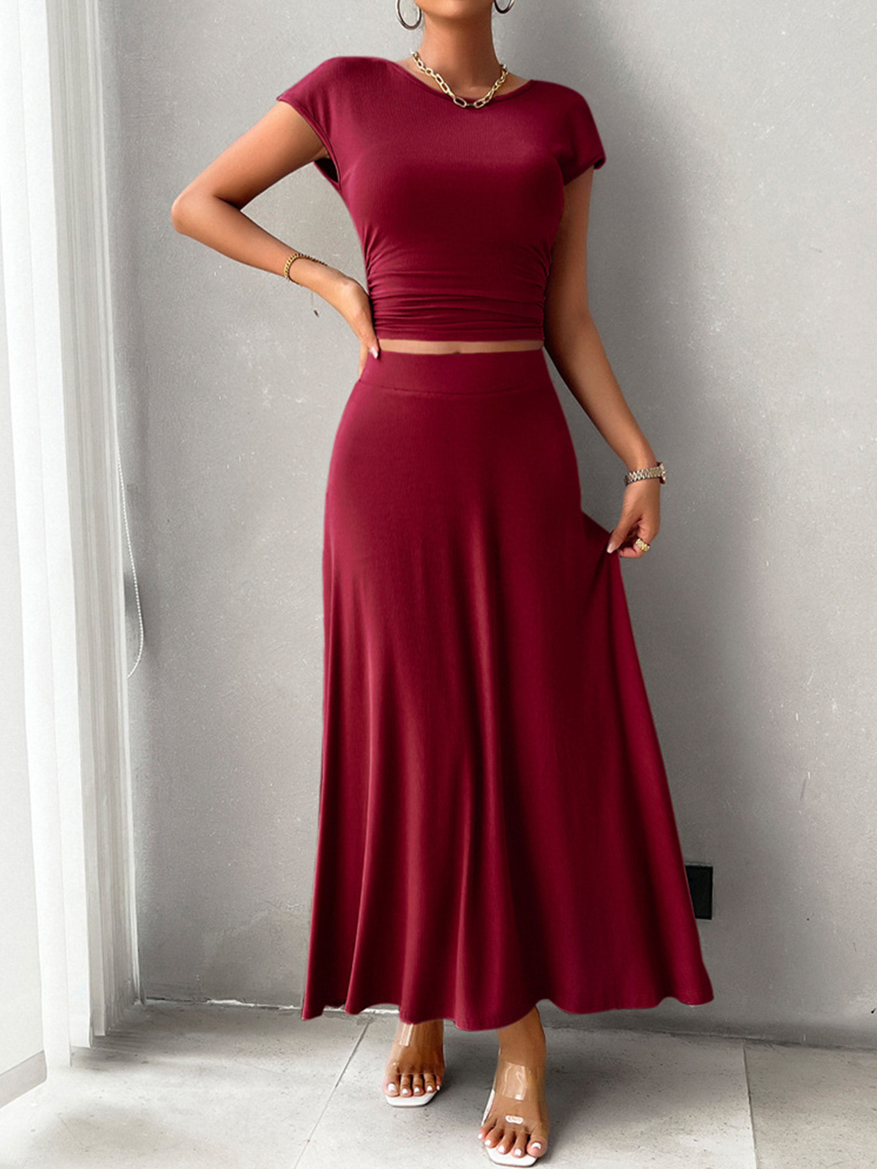 Sheath/Column Elegant 2 Pieces Sleeves Solid Color Burgundy Wedding Guest Dress Suits