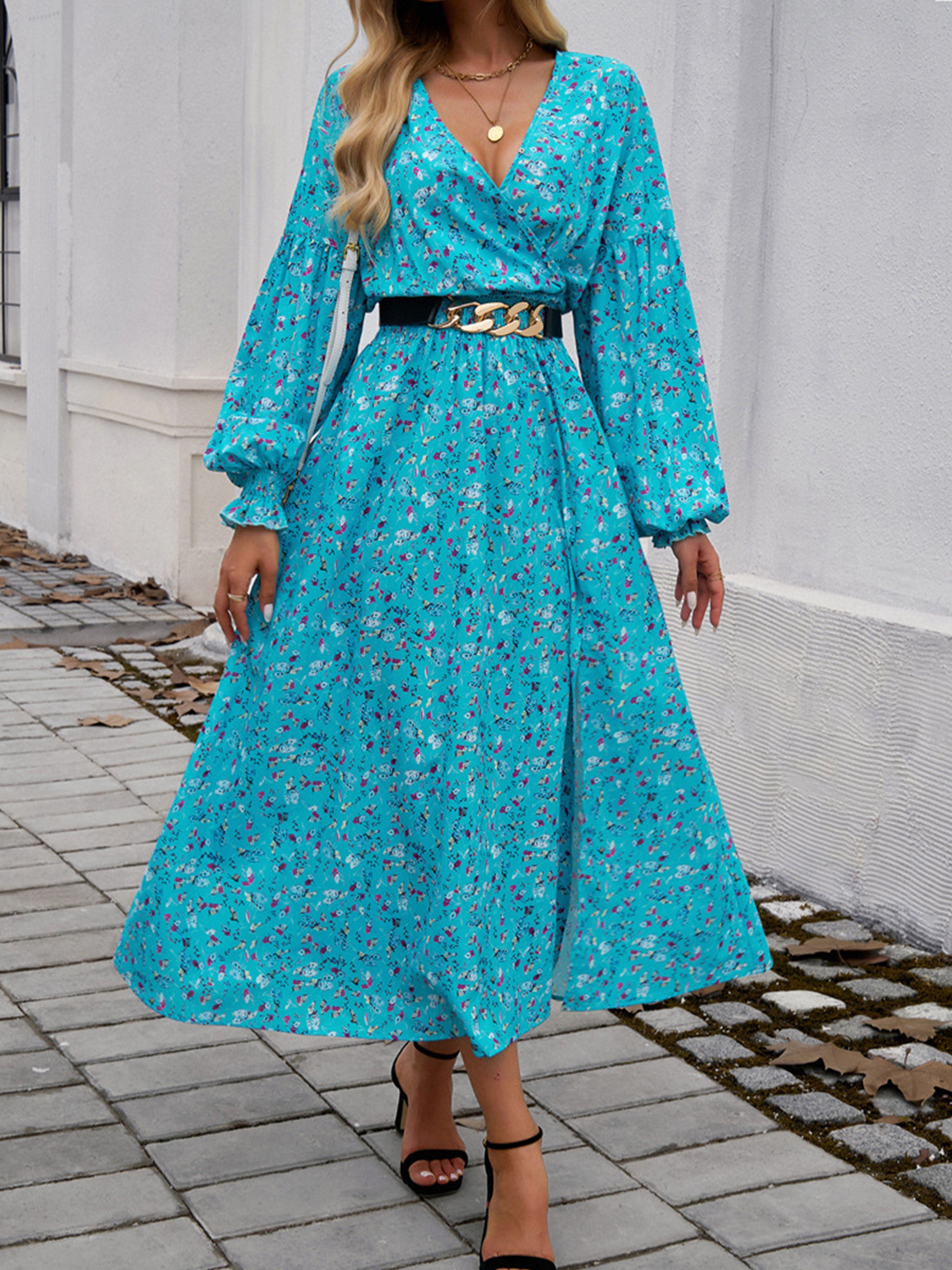 Empire Waist V Neck Long Sleeves Jade Wedding Guest Dress With Split, Jade / XL Empire Waist V Neck Long Sleeves Jade Wedding Guest Dress With Split, Jade / XL