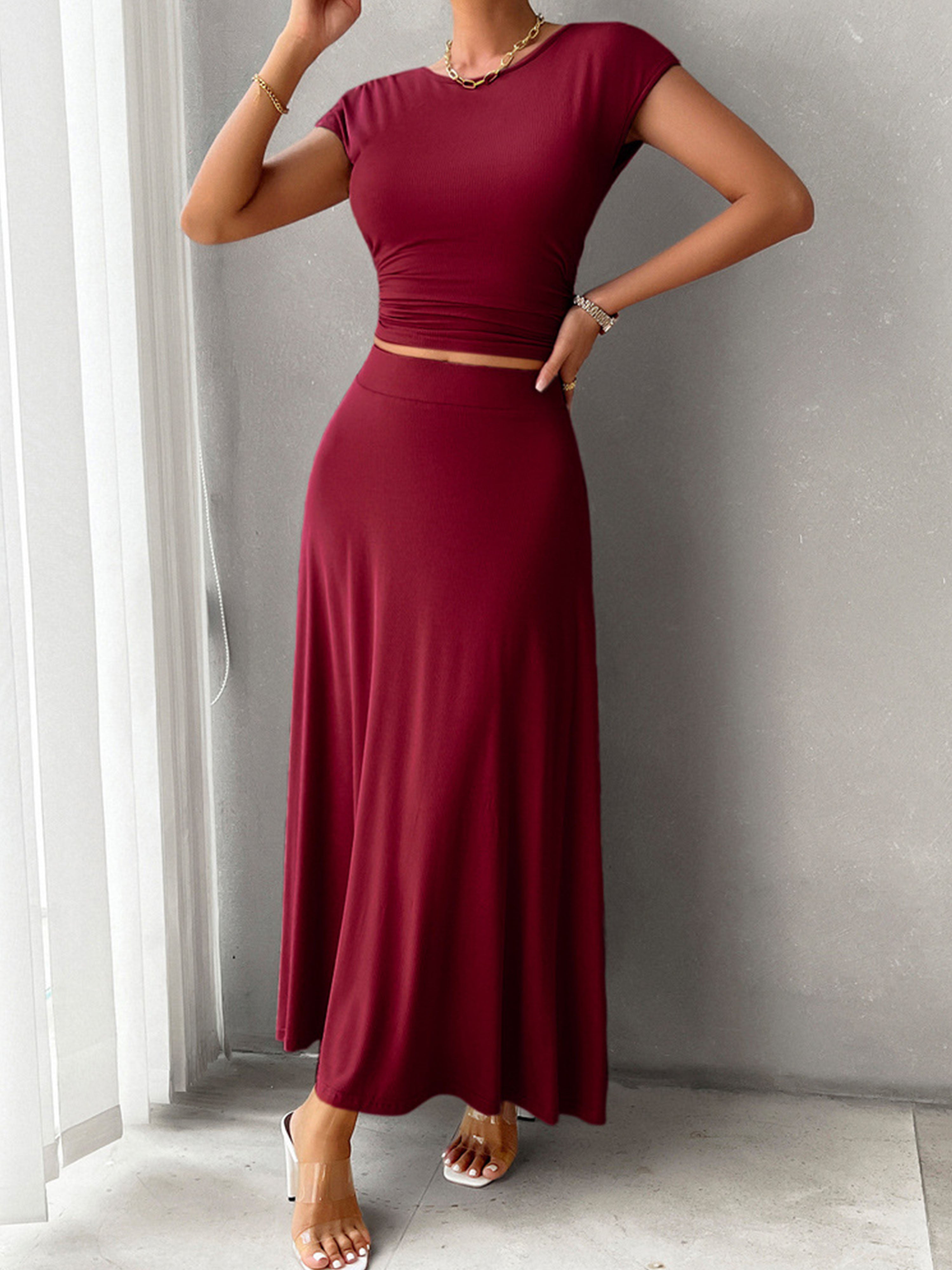 Sheath/Column Elegant 2 Pieces Sleeves Solid Color Burgundy Wedding Guest Dress Suits
