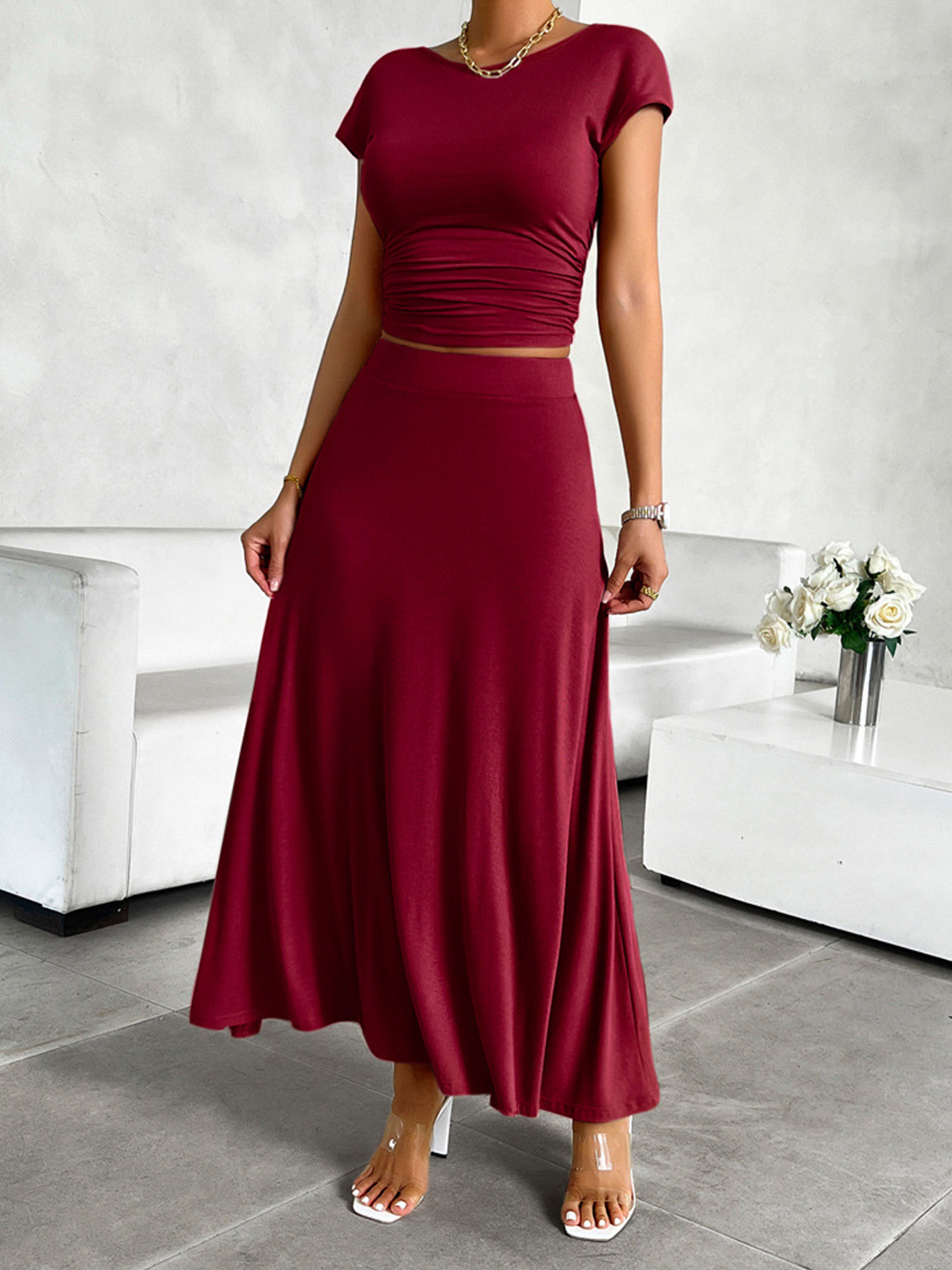 Sheath/Column Elegant 2 Pieces Sleeves Solid Color Burgundy Wedding Guest Dress Suits, Burgundy / M Sheath/Column Elegant 2 Pieces Sleeves Solid Color Burgundy Wedding Guest Dress Suits, Burgundy / M