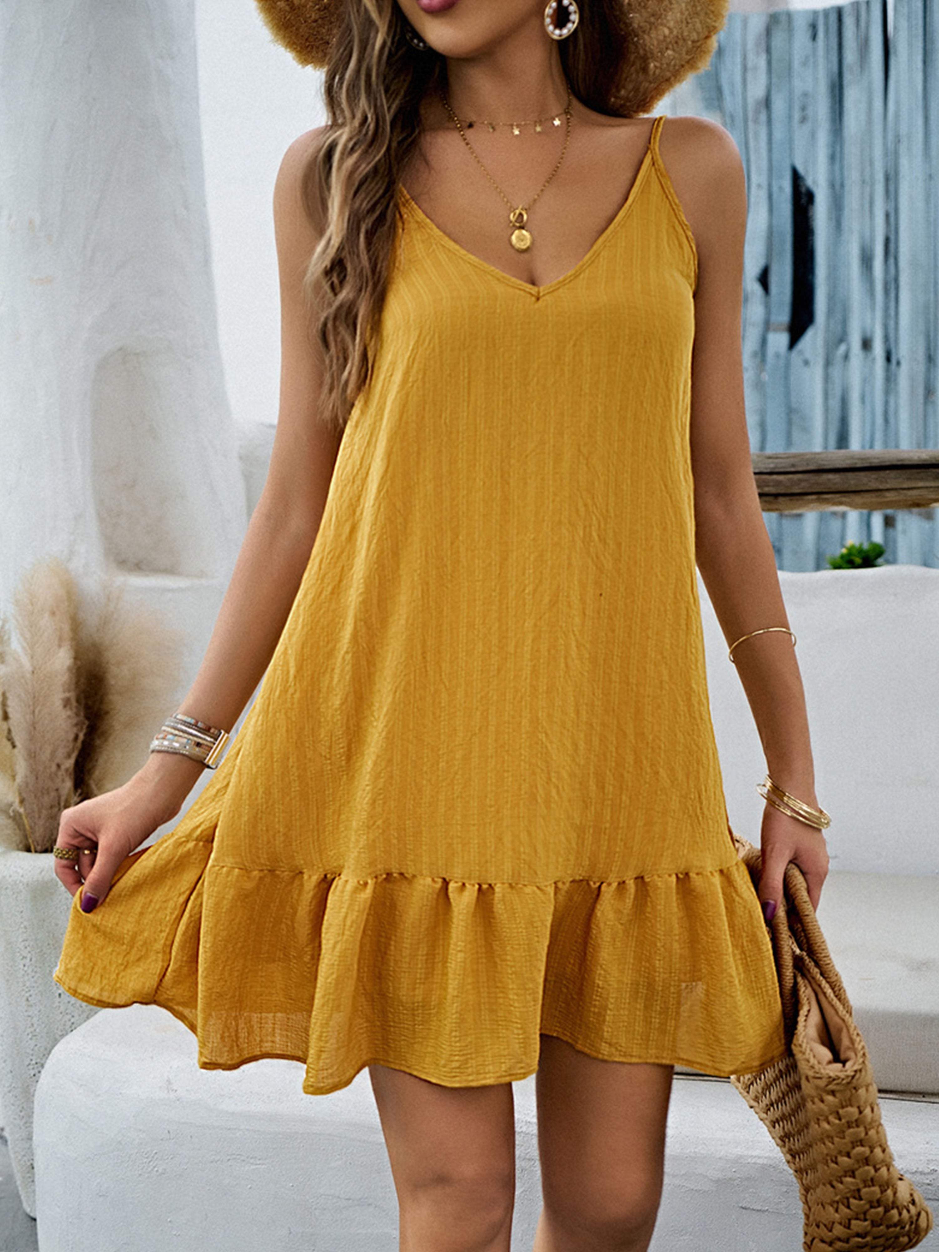Marigold Solid Color V Neck Sleeveless Short Wedding Guest Dress