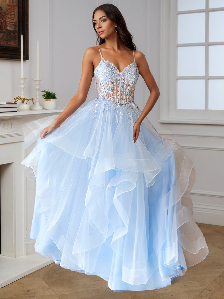 Cicinia Sky Blue Prom Dresses Long Tulle Floor Length Princess Dress