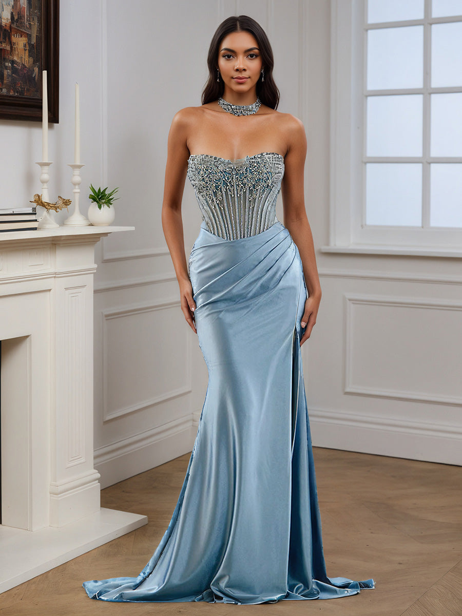 Beaded Sky Blue Strapless Evening Gown Sheath Slit Long Prom Dress Beaded Sky Blue Strapless Evening Gown Sheath Slit Long Prom Dress