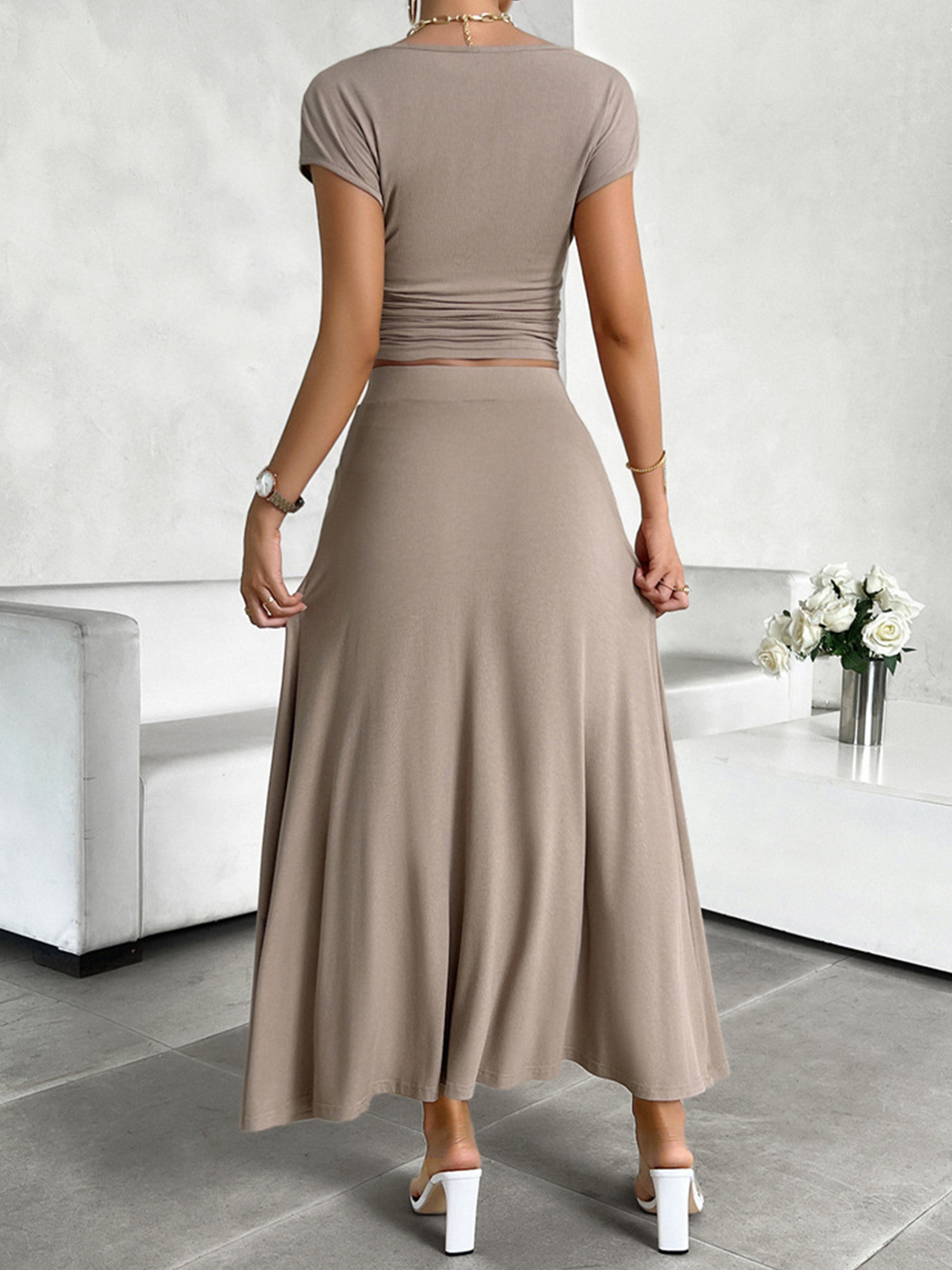 Sheath/Column Elegant 2 Pieces Sleeves Solid Color Taupe Wedding Guest Dress Suits