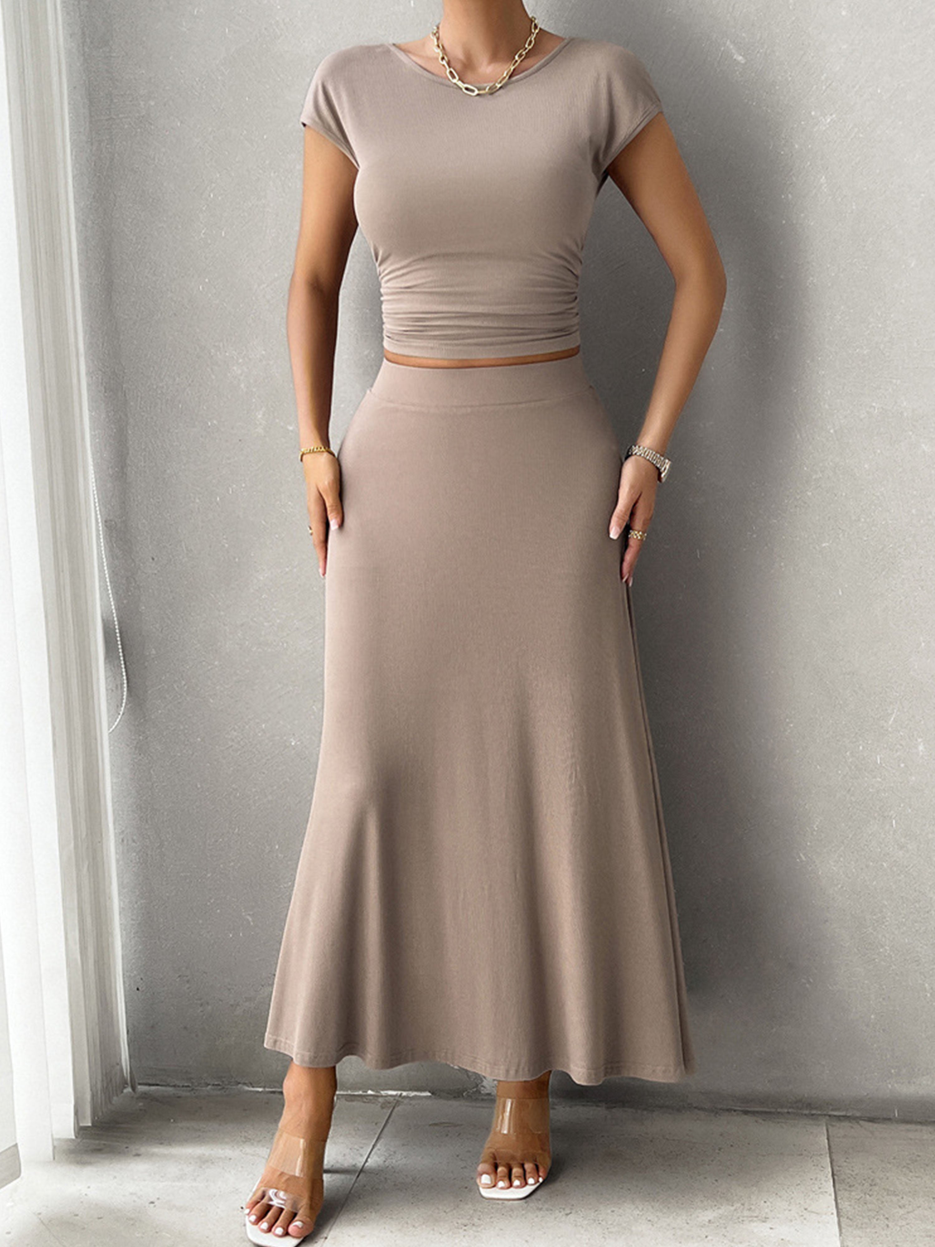 Sheath/Column Elegant 2 Pieces Sleeves Solid Color Taupe Wedding Guest Dress Suits