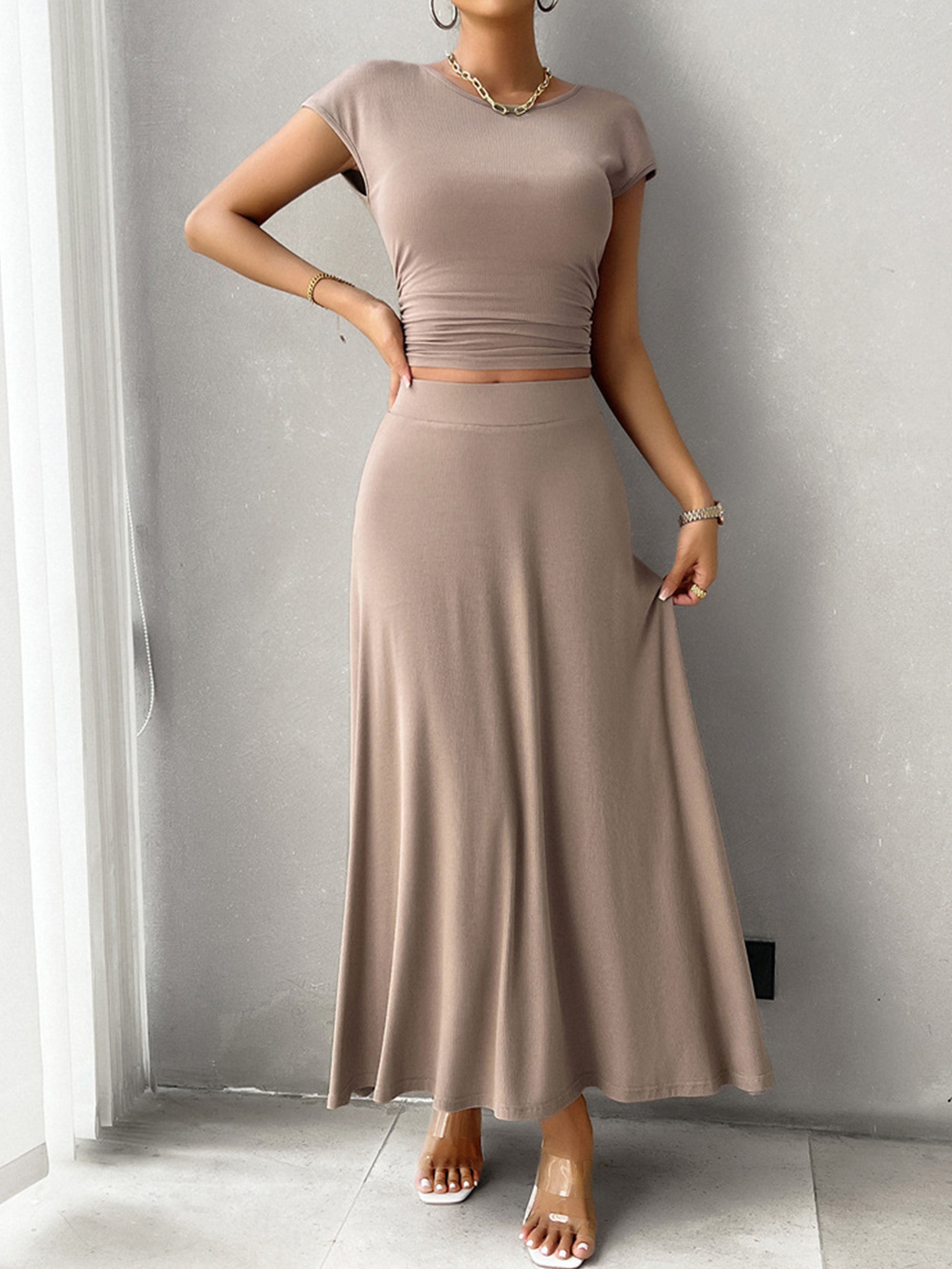 Sheath/Column Elegant 2 Pieces Sleeves Solid Color Taupe Wedding Guest Dress Suits
