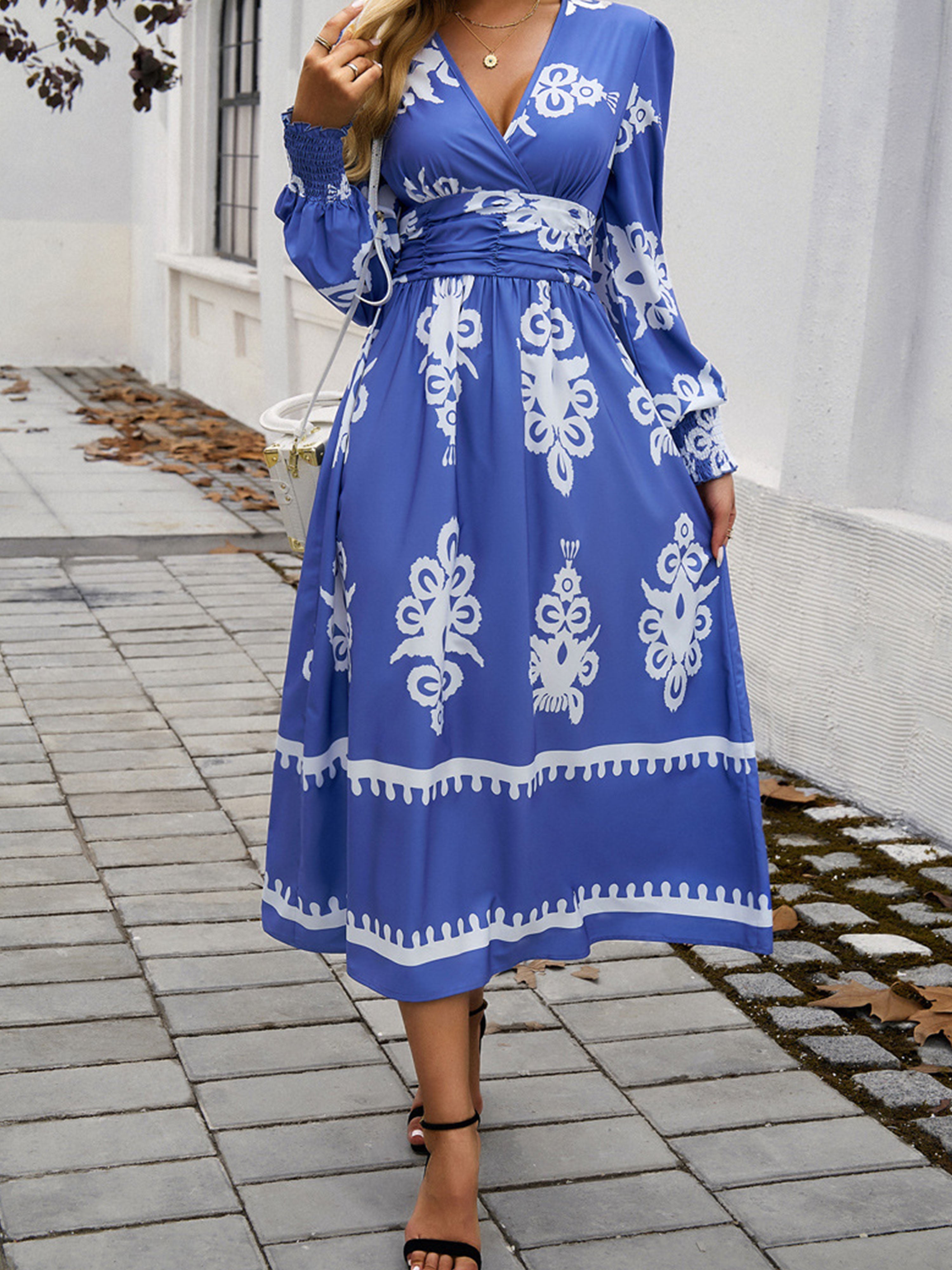 Blue Color Blocking Empire Waist Long Sleeves V Neck Wedding Guest Dress