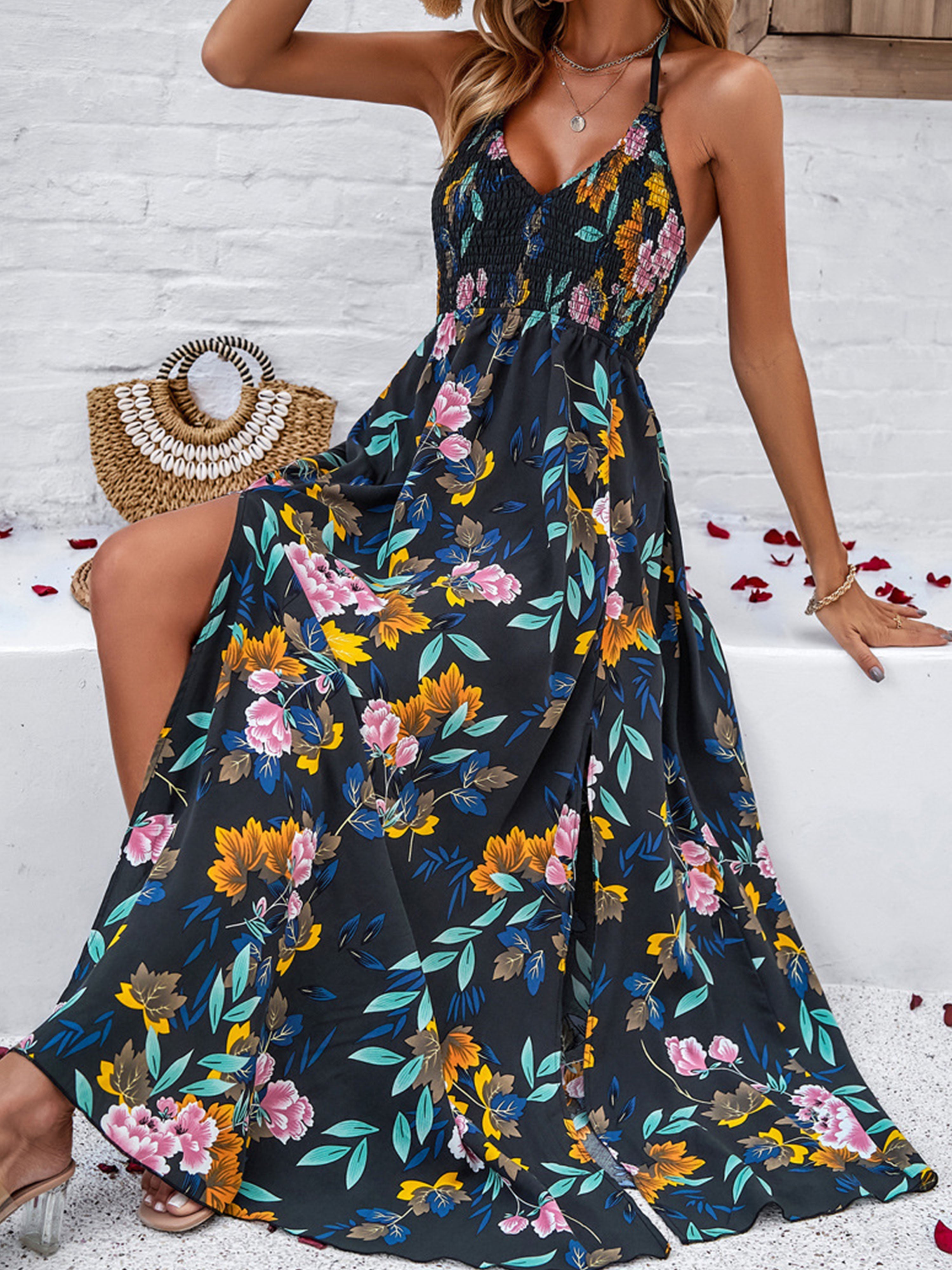 Casual Spaghetti Straps Long Floral Black Wedding Guest Dress, Black / XL Casual Spaghetti Straps Long Floral Black Wedding Guest Dress, Black / XL