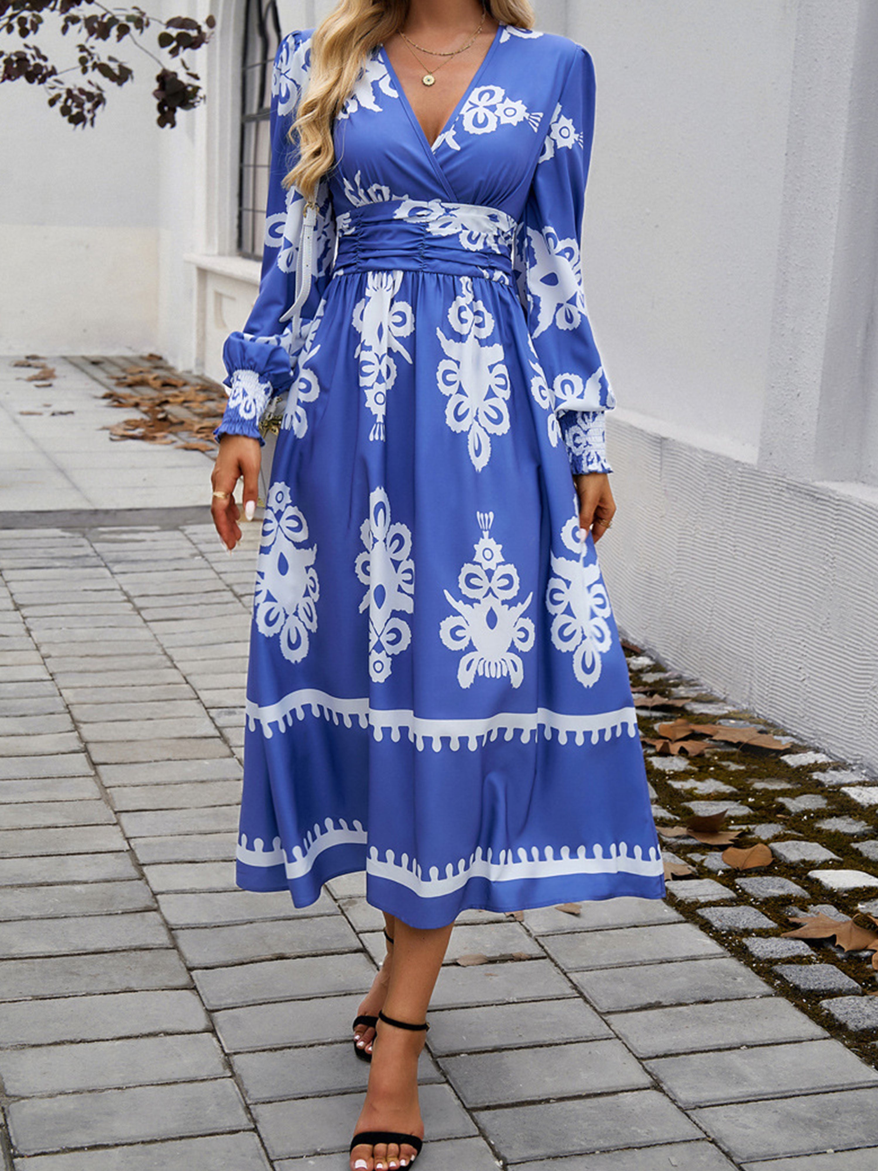 Blue Color Blocking Empire Waist Long Sleeves V Neck Wedding Guest Dress