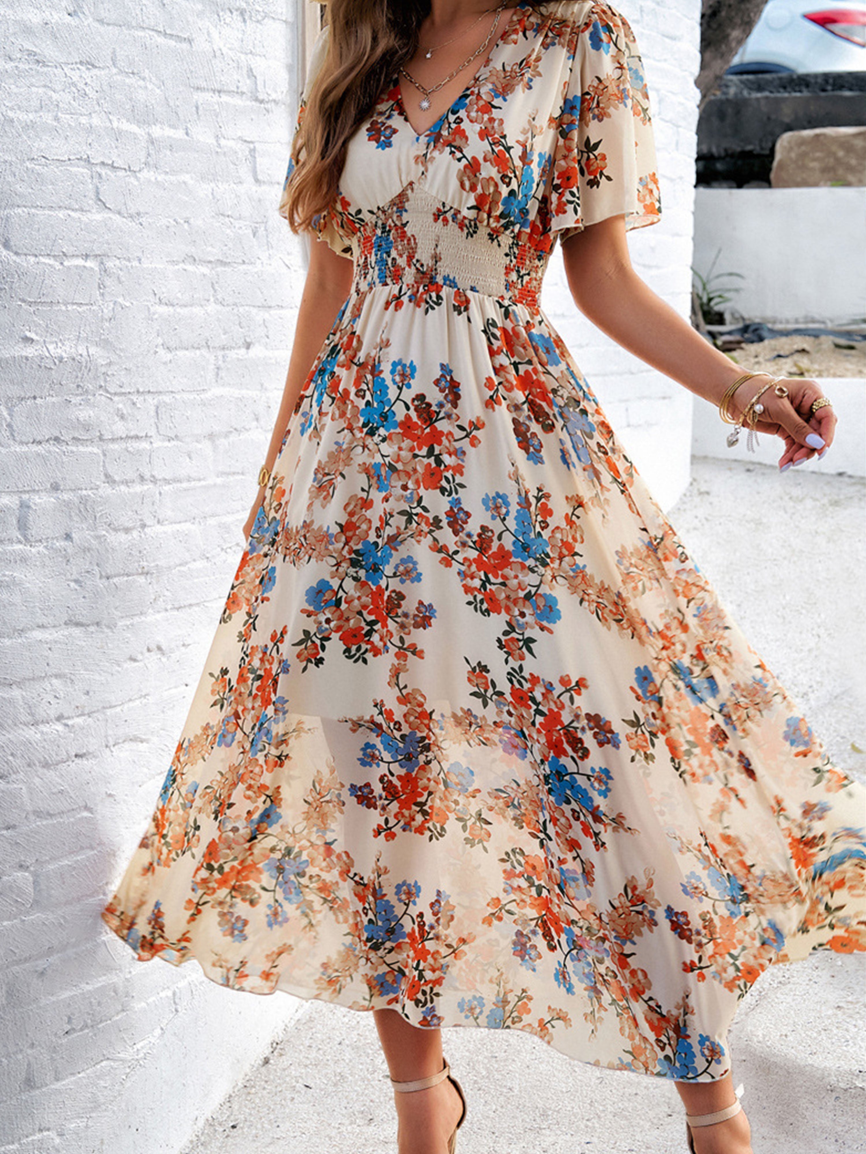 Floral Elegant V Neck Sleeves Apricot Long Wedding Guest Dress, Apricot / XL Floral Elegant V Neck Sleeves Apricot Long Wedding Guest Dress, Apricot / XL