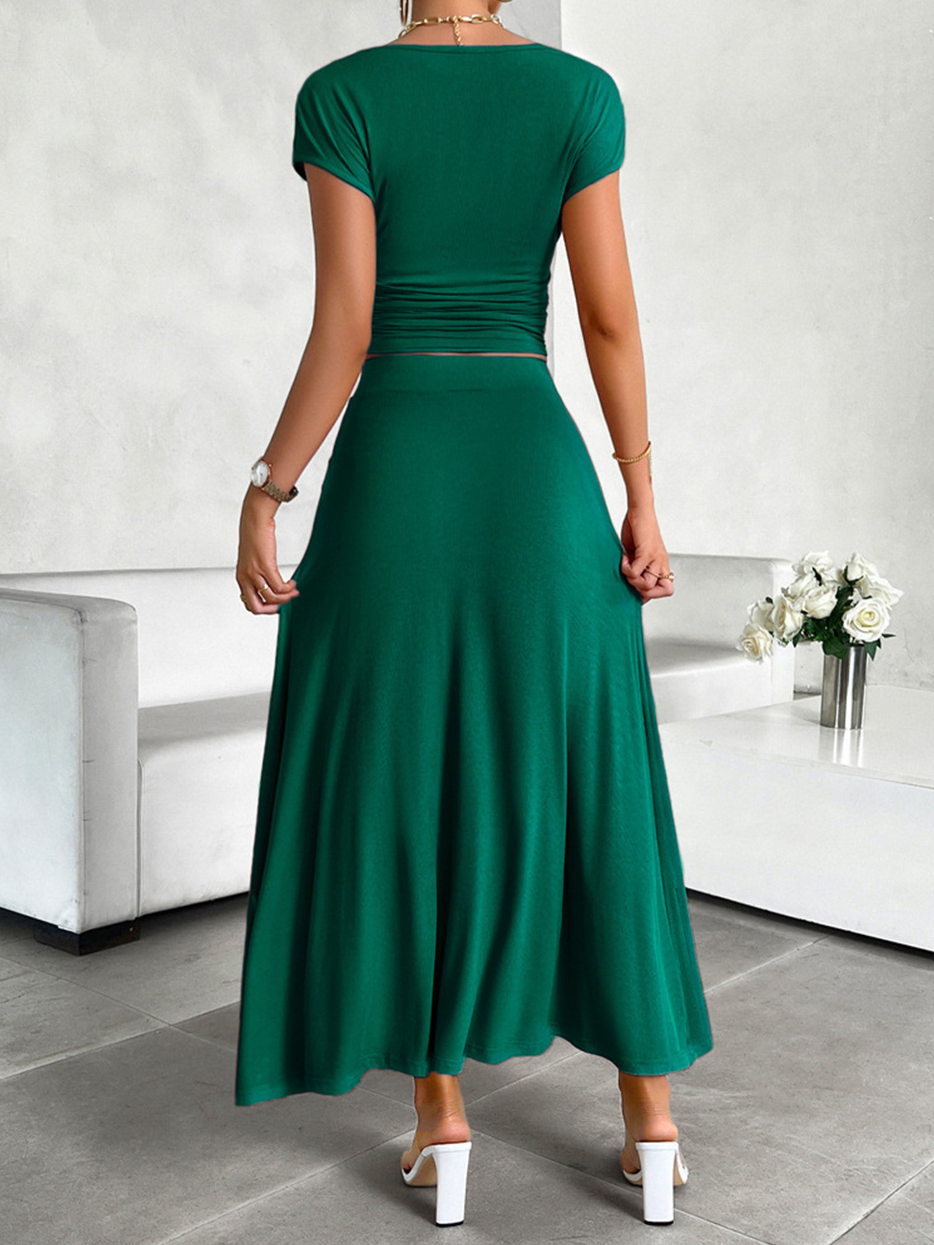 Sheath/Column Elegant 2 Pieces Sleeves Solid Color Dark Green Wedding Guest Dress Suits