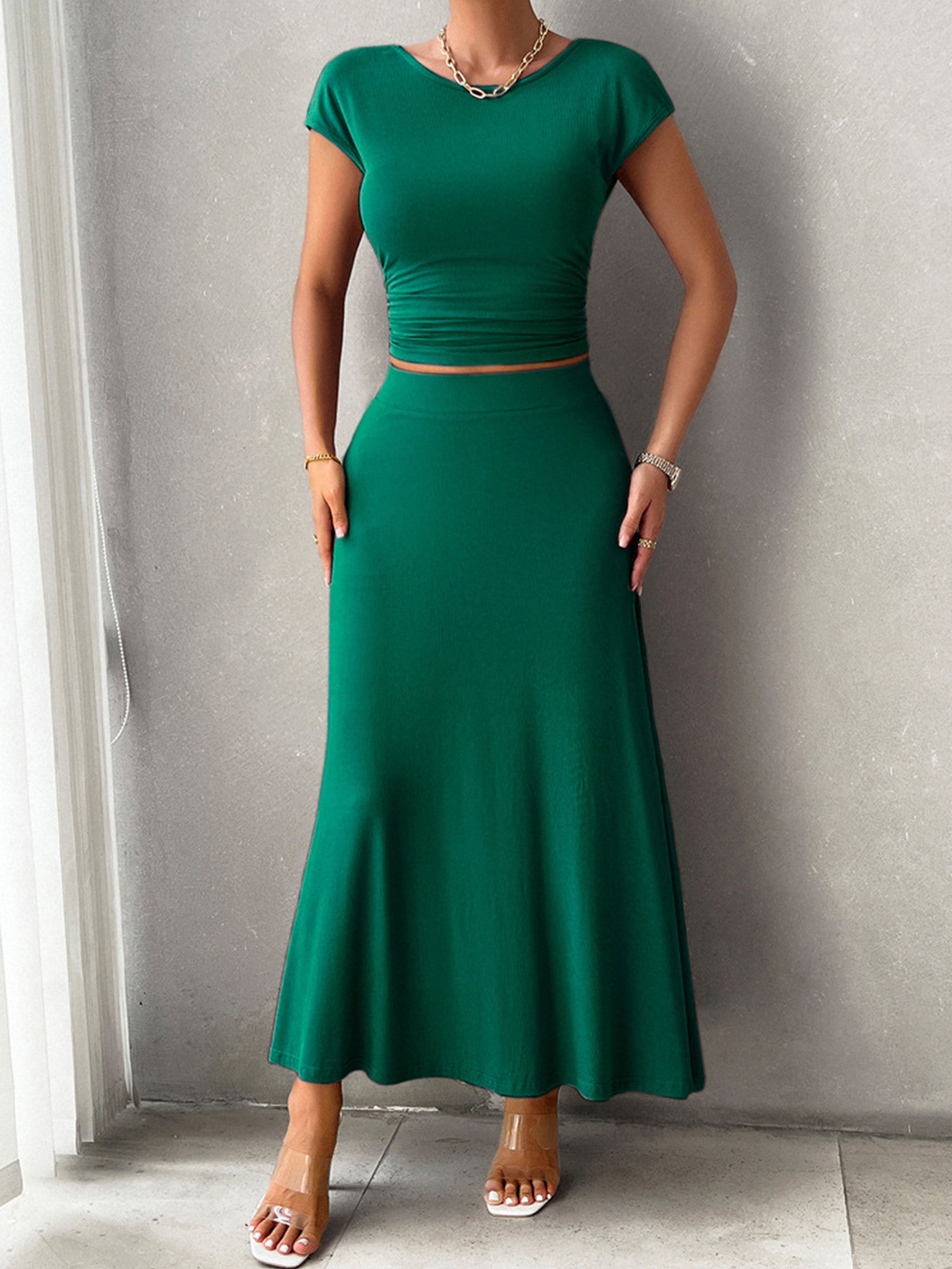 Sheath/Column Elegant 2 Pieces Sleeves Solid Color Dark Green Wedding Guest Dress Suits