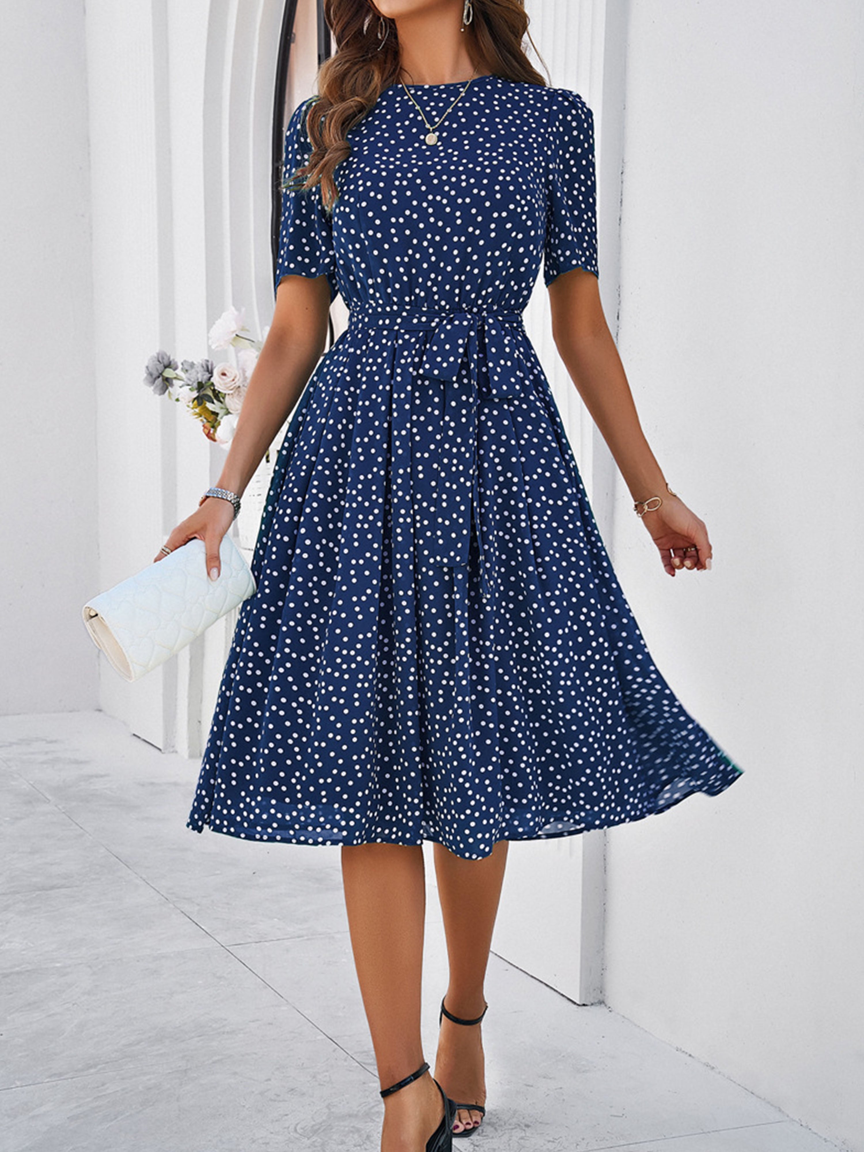 Casual Polka Dot Cowl Short Sleeves Dark Navy Wedding Guest Dress With Casual Polka Dot Cowl Short Sleeves Dark Navy Wedding Guest Dress With