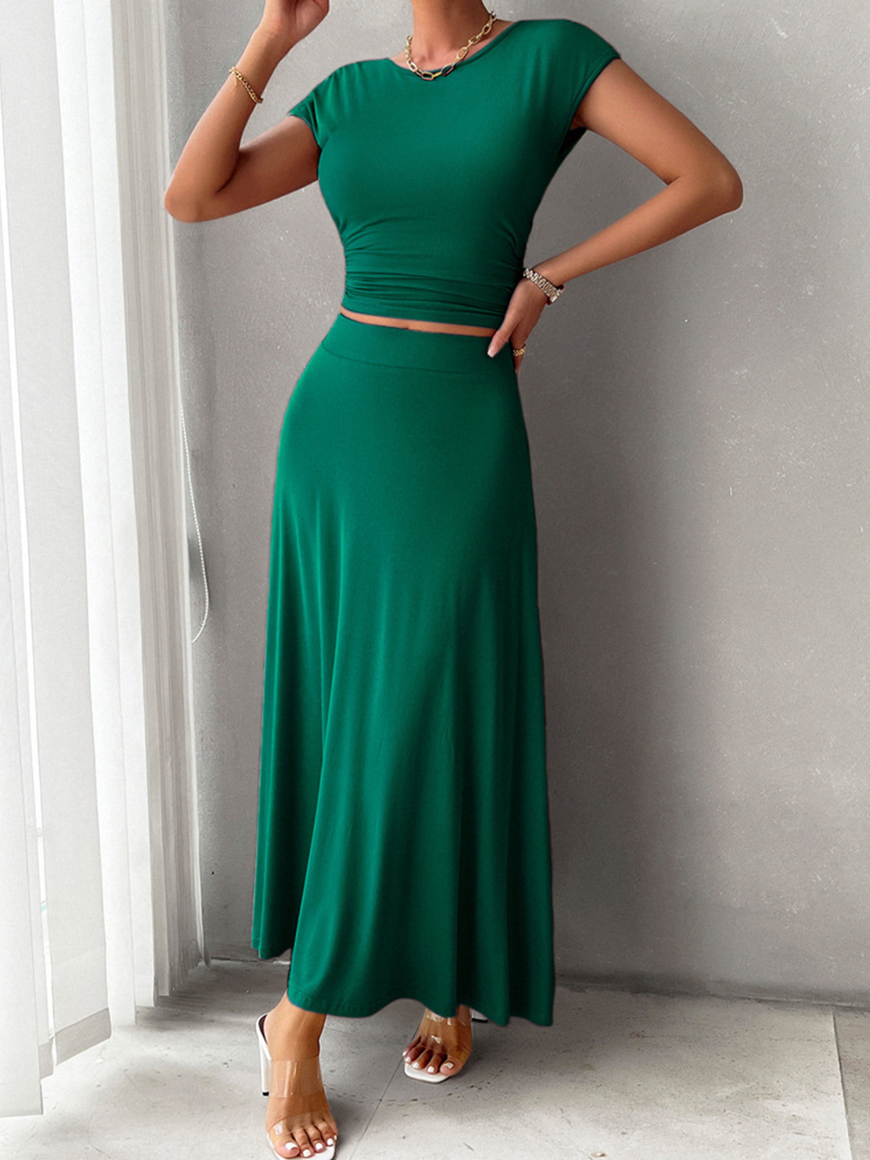 Sheath/Column Elegant 2 Pieces Sleeves Solid Color Dark Green Wedding Guest Dress Suits