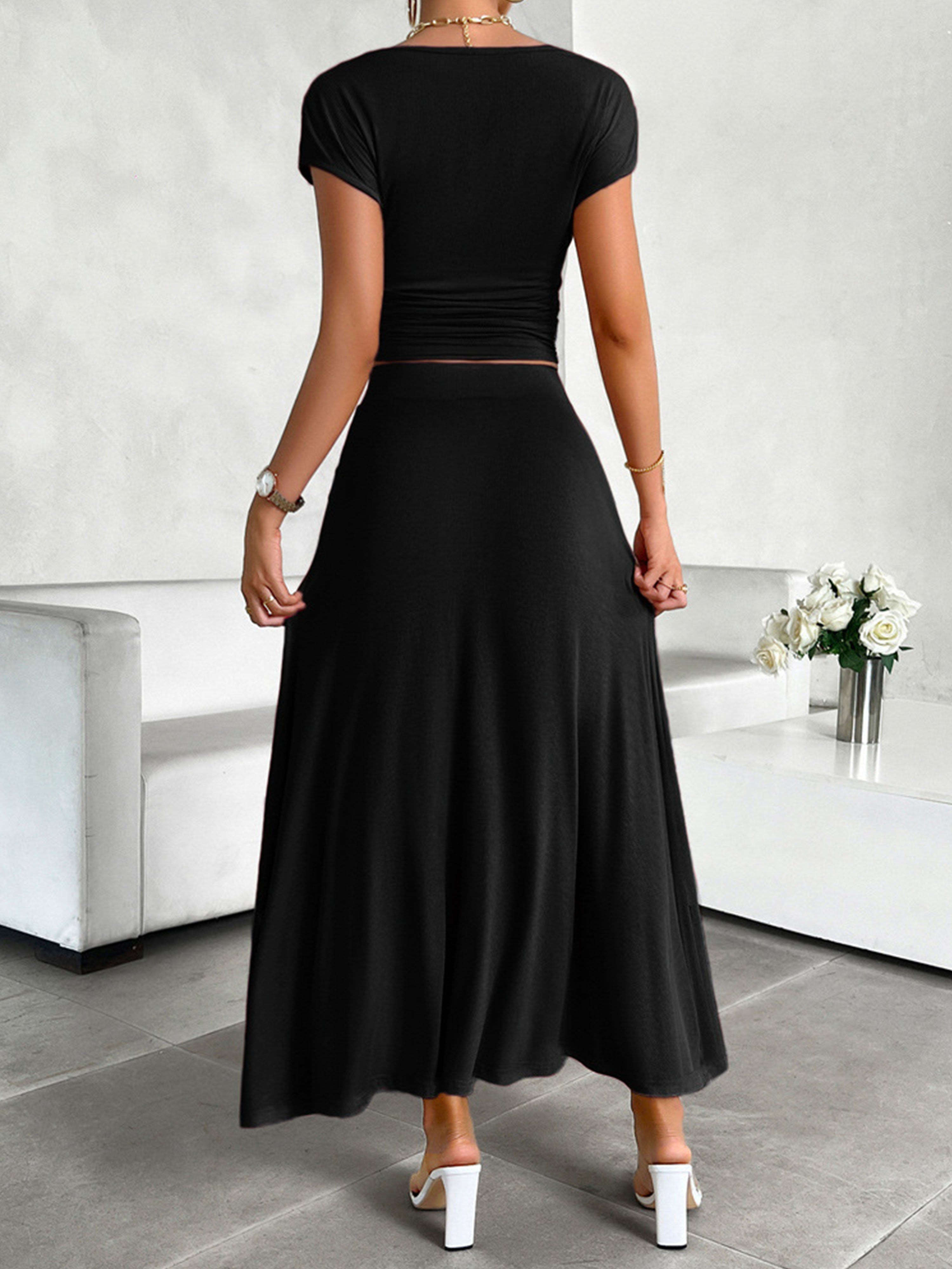 Sheath/Column Elegant 2 Pieces Sleeves Solid Color Black Wedding Guest Dress Suits