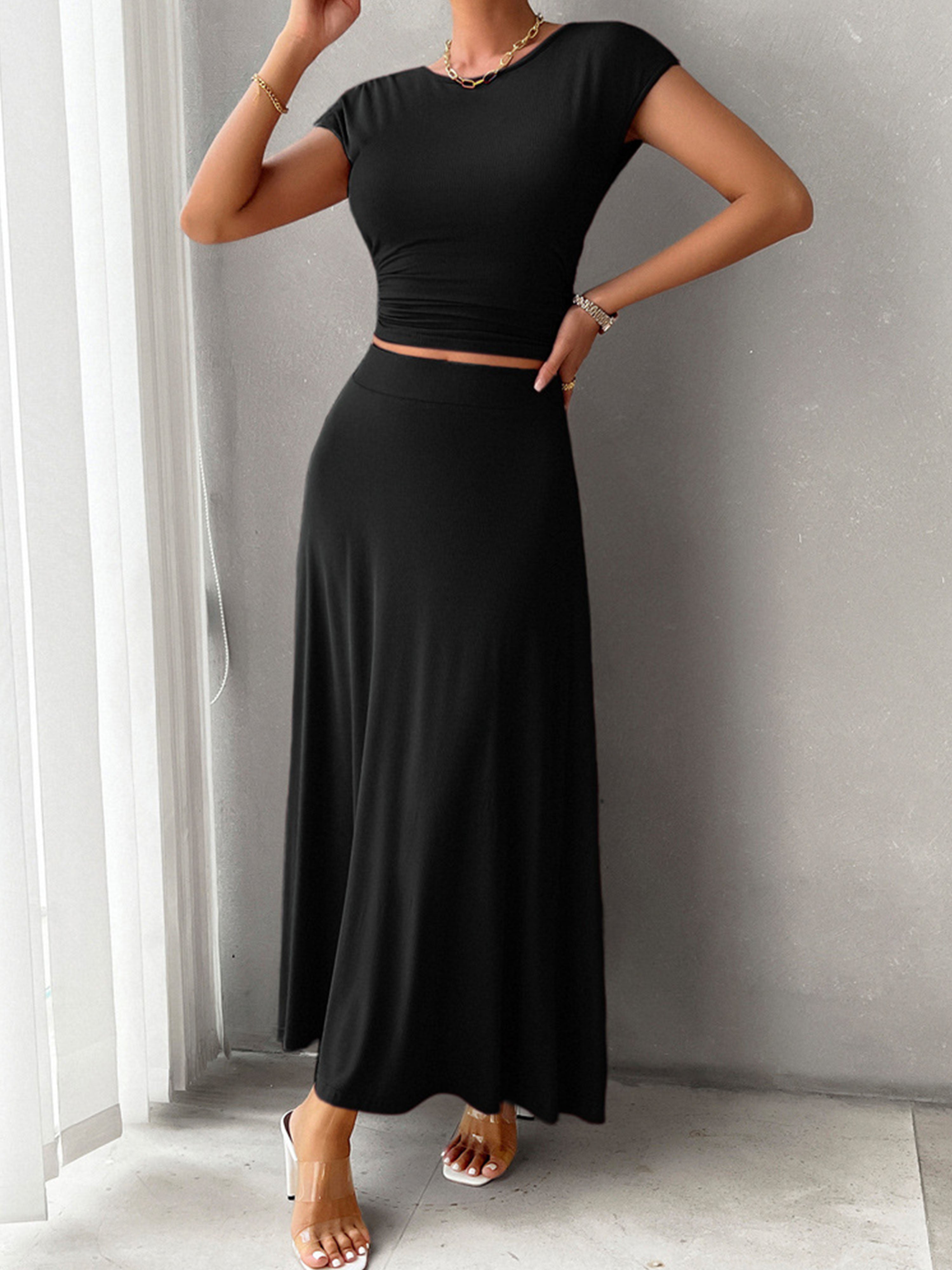 Sheath/Column Elegant 2 Pieces Sleeves Solid Color Black Wedding Guest Dress Suits