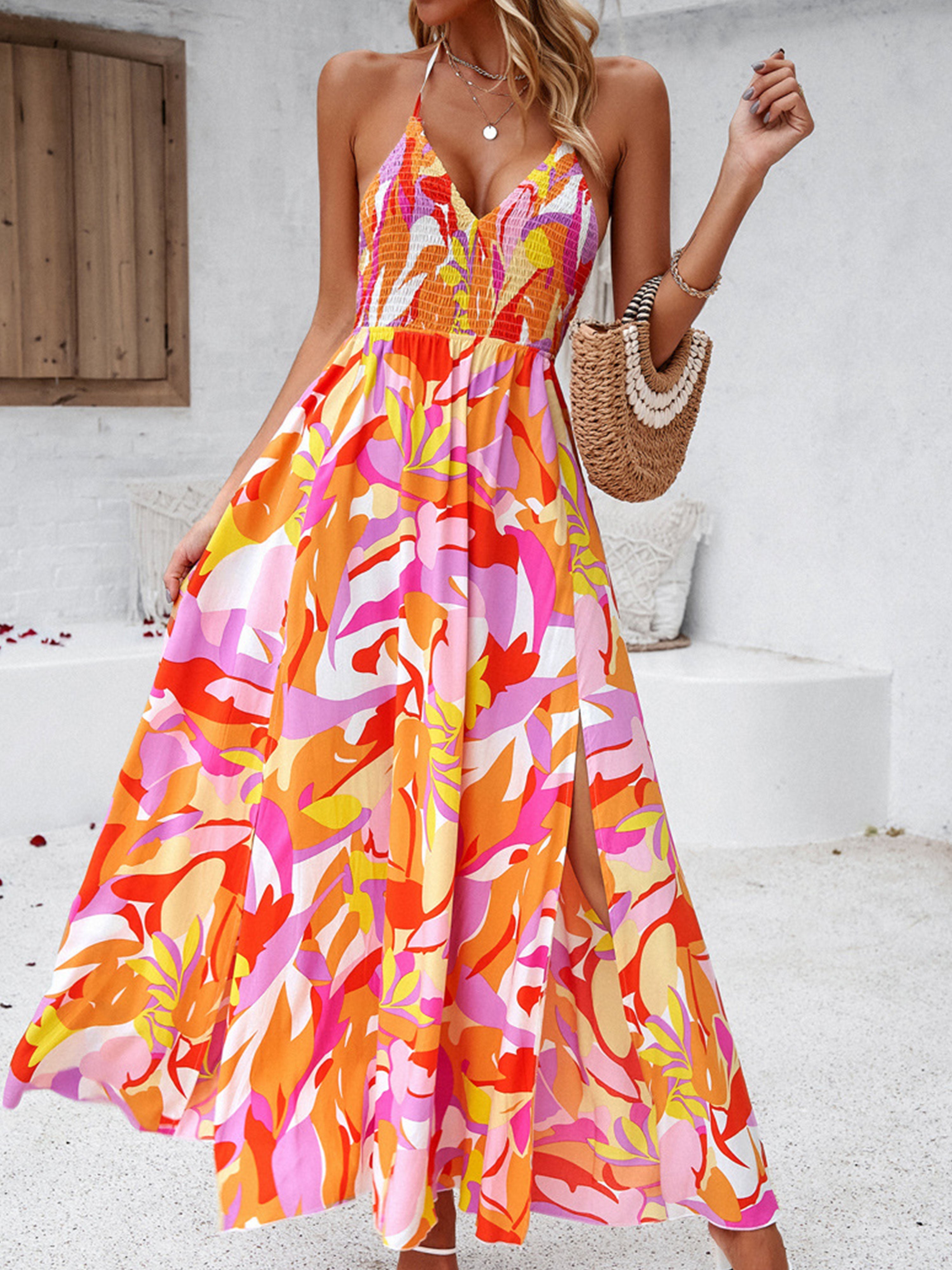 Casual Spaghetti Straps Long Floral Orange Wedding Guest Dress, Orange / XL Casual Spaghetti Straps Long Floral Orange Wedding Guest Dress, Orange / XL