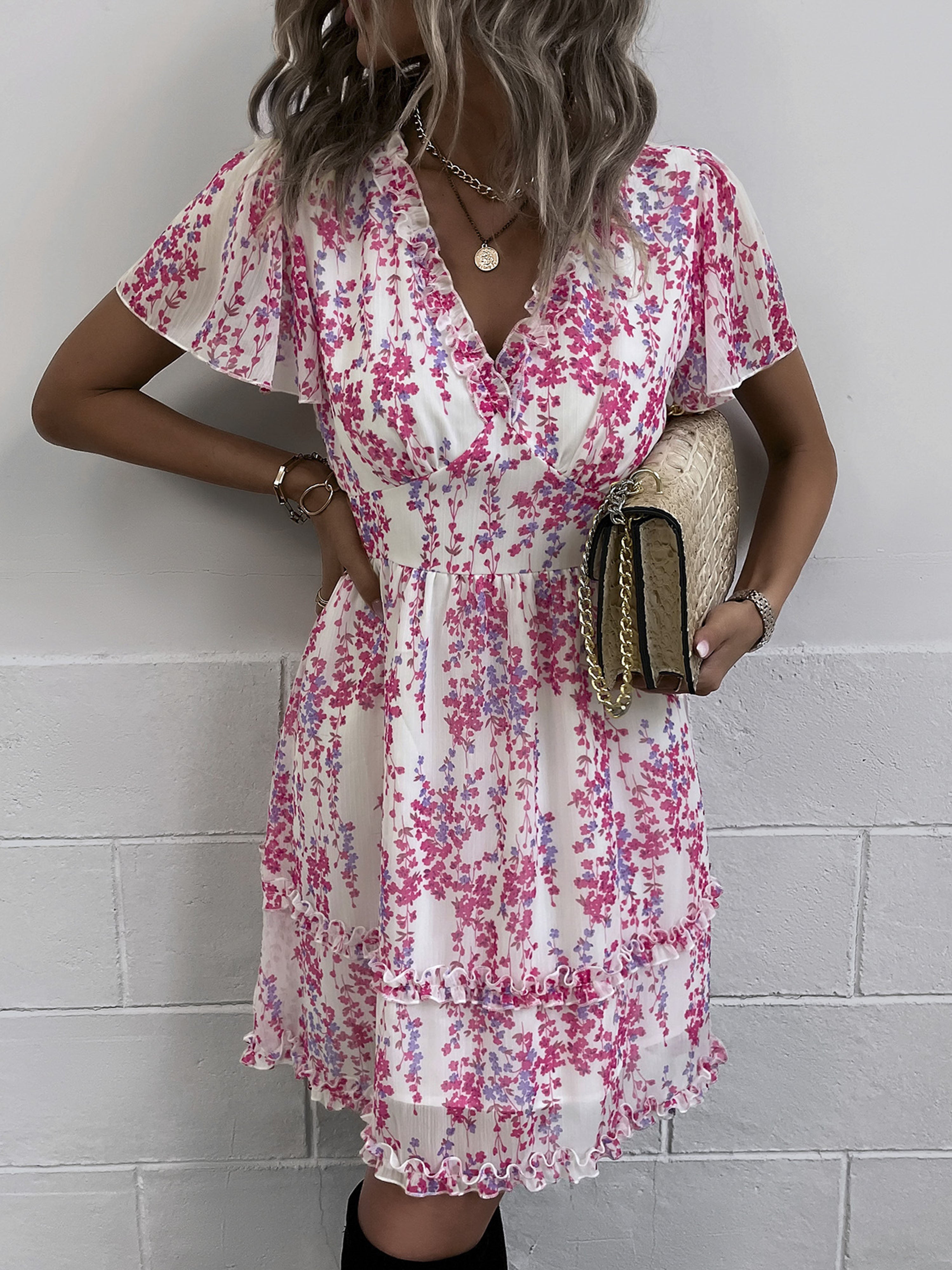 Fuchsia Floral A Line Short Sleeves Ruffles V Neck Short Wedding Guest Dress