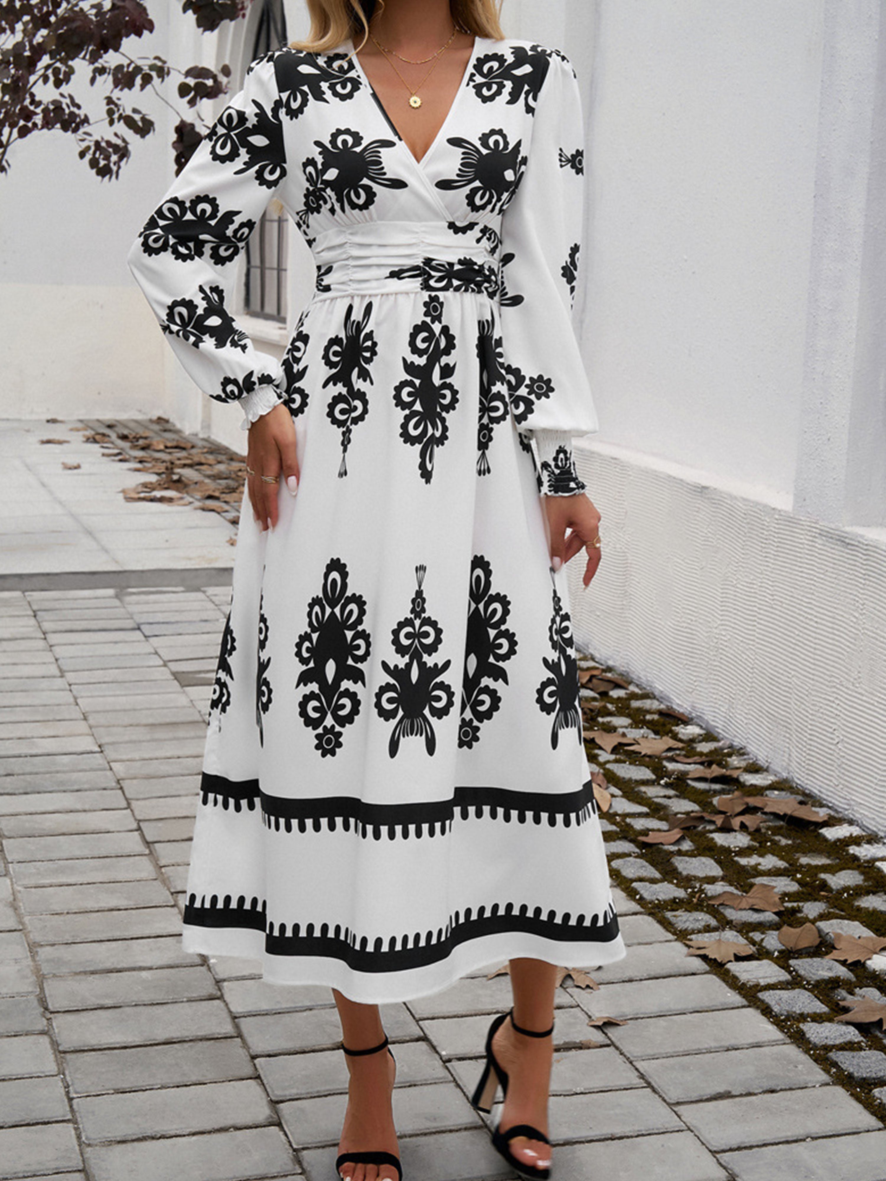 White Color Blocking Empire Waist Long Sleeves V Neck Wedding Guest Dress