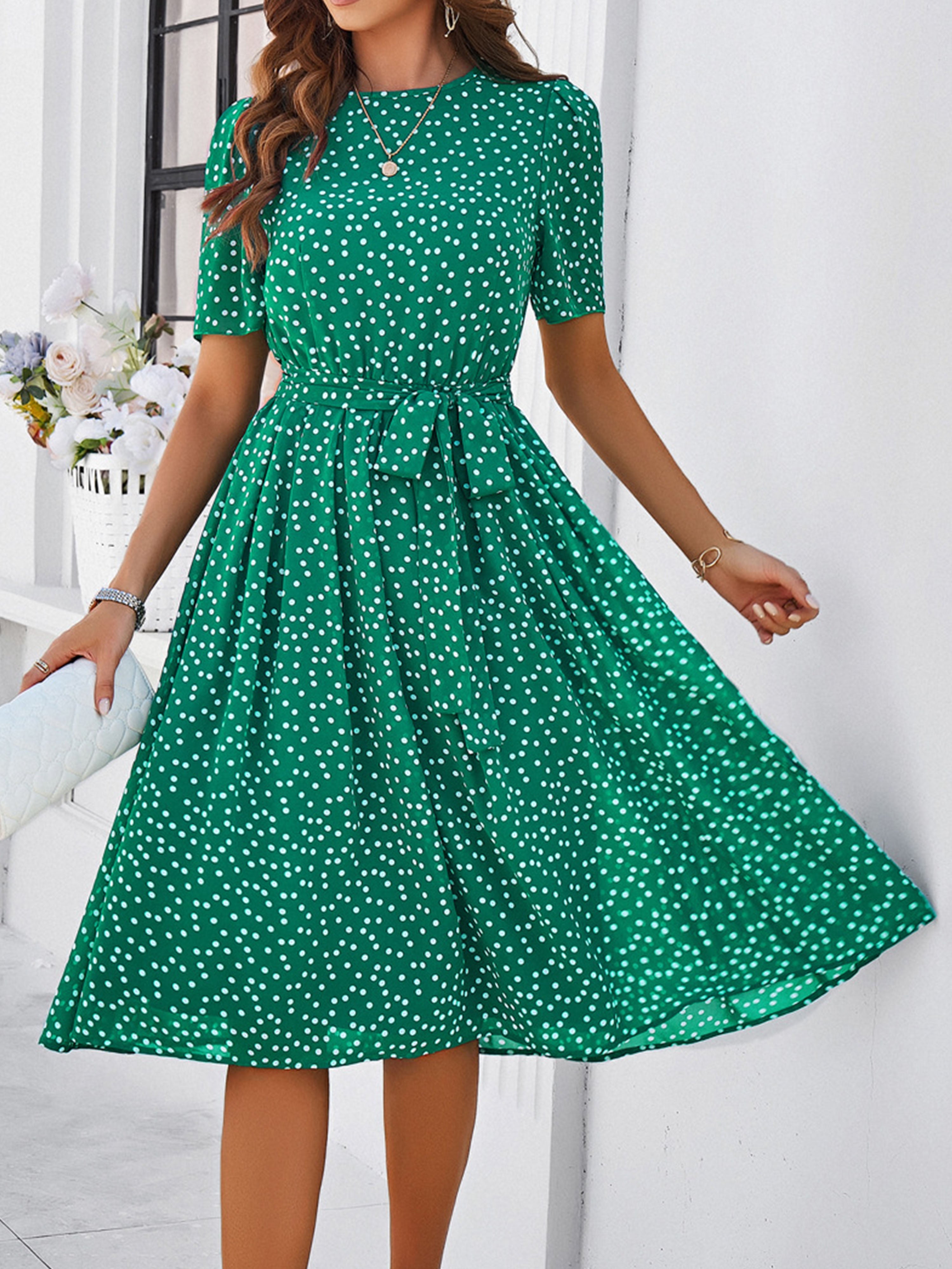 Casual Polka Dot Cowl Short Sleeves Green Wedding Guest Dress With Belt, Green / S Casual Polka Dot Cowl Short Sleeves Green Wedding Guest Dress With Belt, Green / S