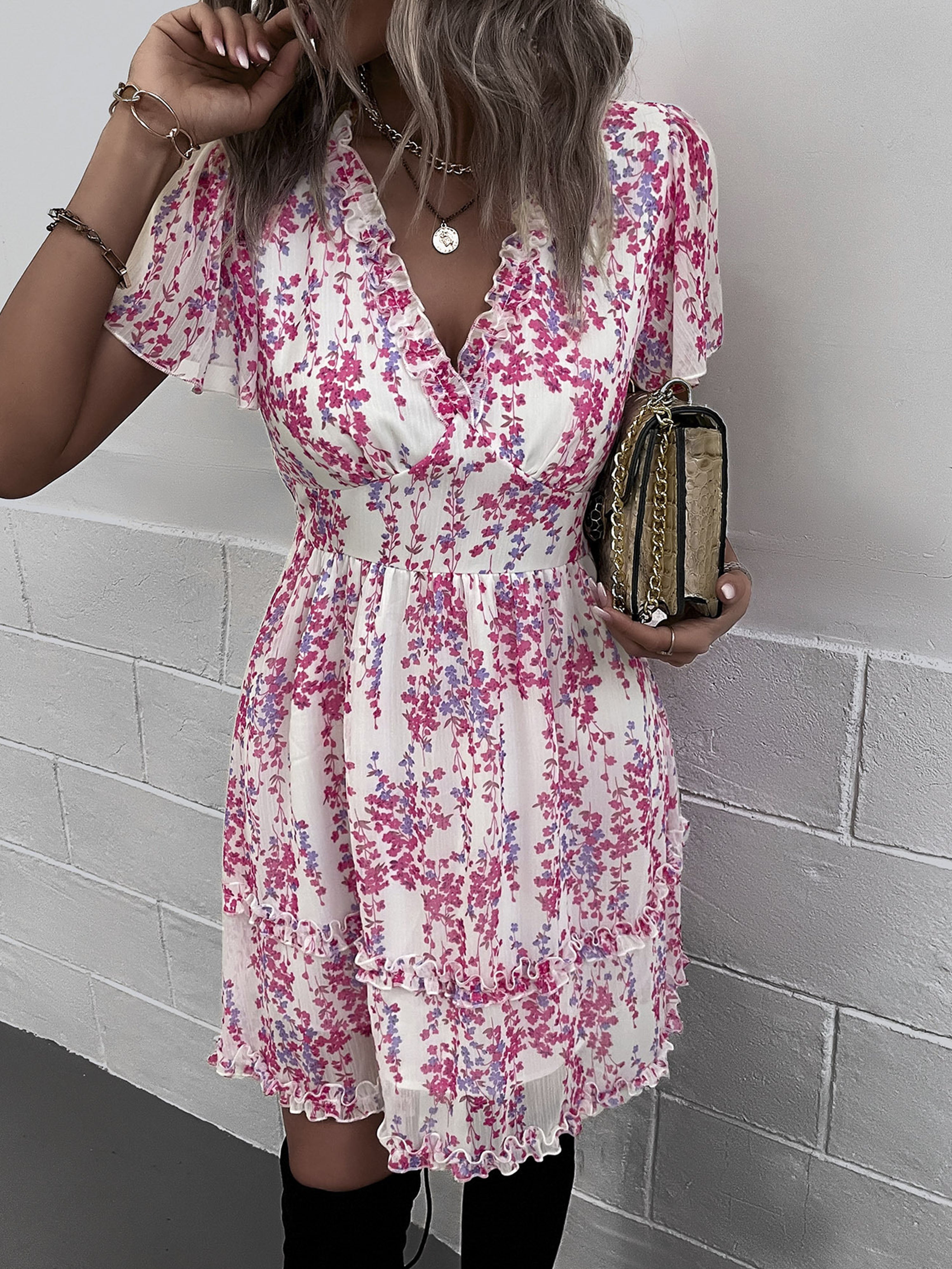 Fuchsia Floral A Line Short Sleeves Ruffles V Neck Short Wedding Guest Dress