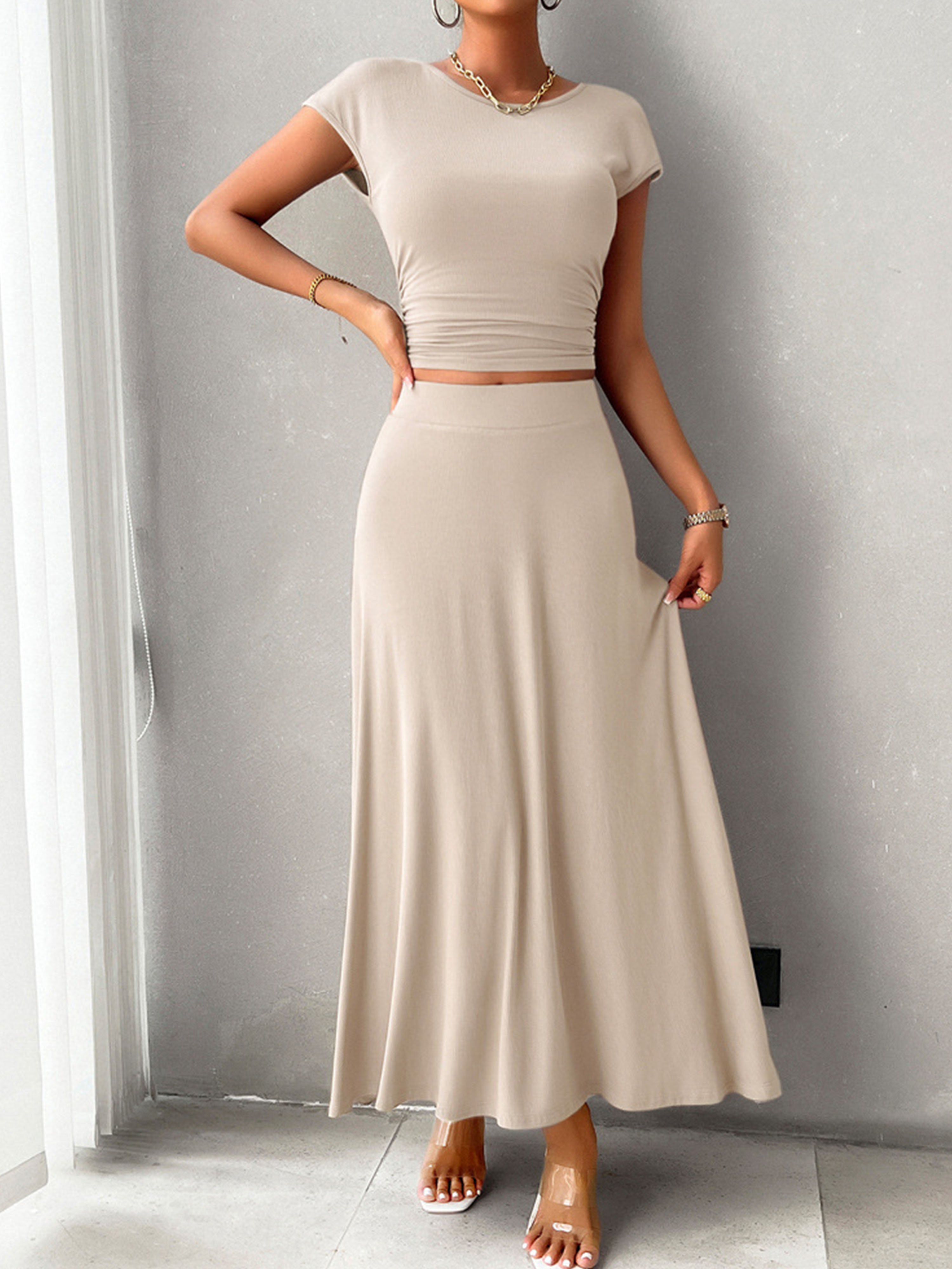 Sheath/Column Elegant 2 Pieces Sleeves Solid Color Apricot Wedding Guest Dress Suits