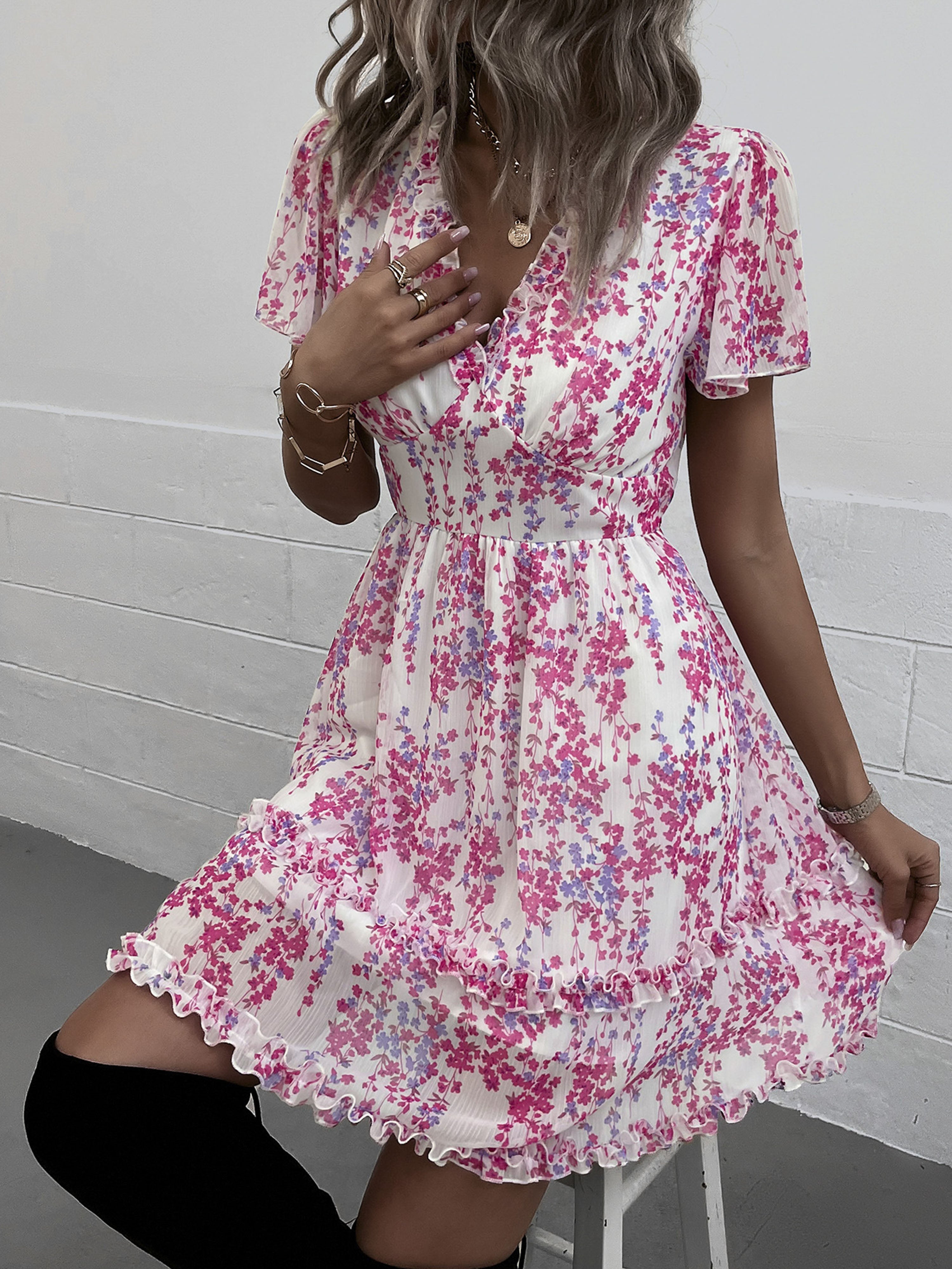 Fuchsia Floral A Line Short Sleeves Ruffles V Neck Short Wedding Guest Dress