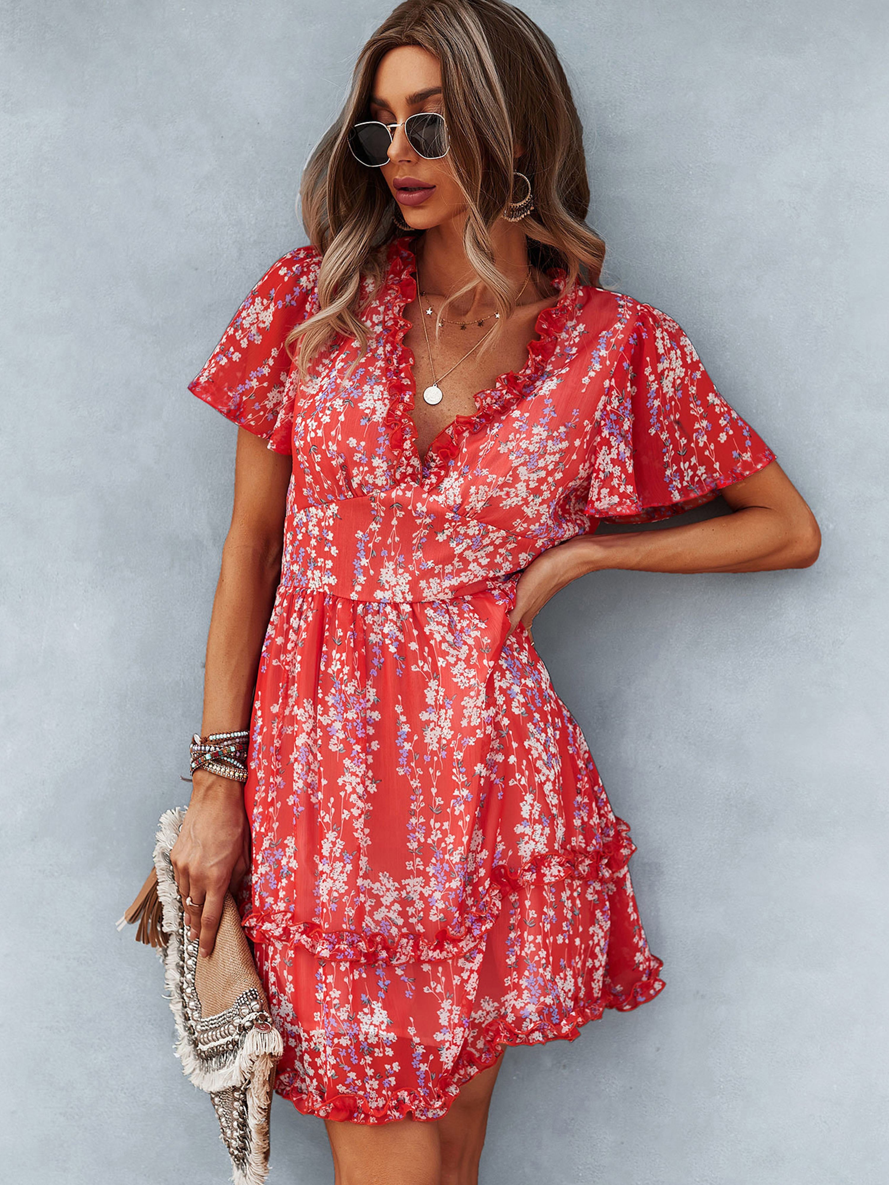 Red Floral A Line Short Sleeves Ruffles V Neck Short Wedding Guest Dress