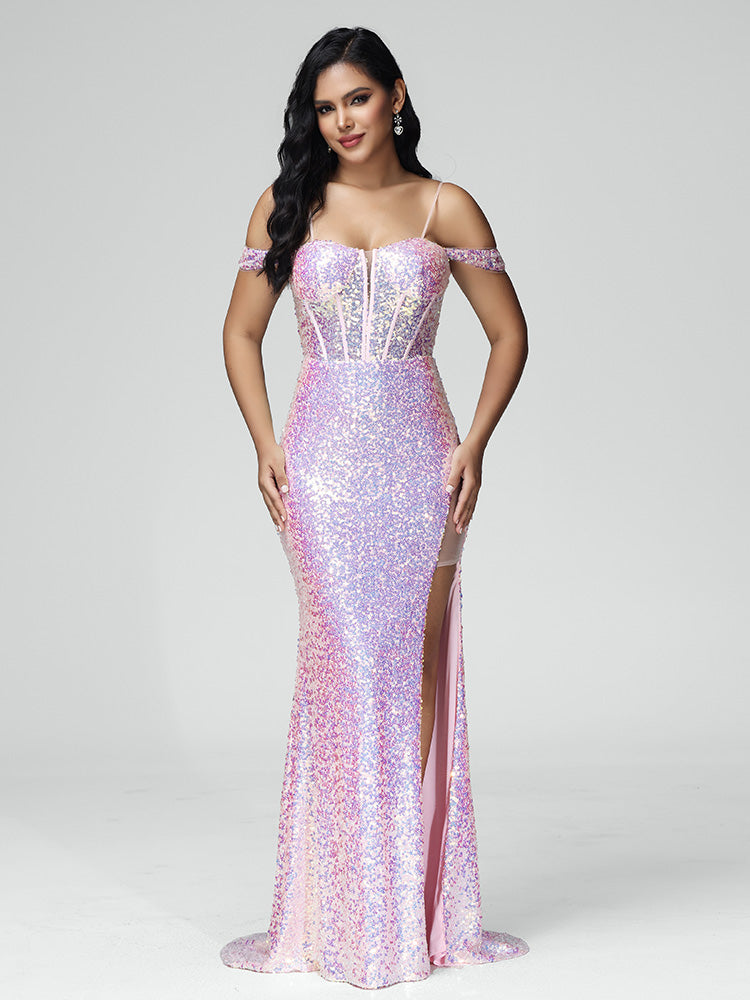 Off Shoulder Lace Up Sequins Prom Dress With Slit Off Shoulder Lace Up Sequins Prom Dress With Slit