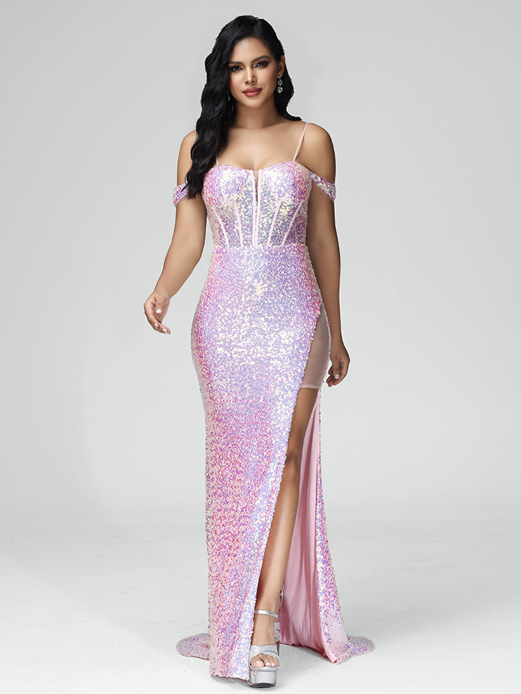 Off Shoulder Lace Up Sequins Prom Dress With Slit