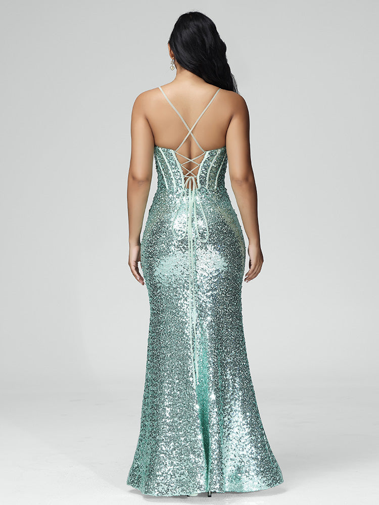 Spaghetti Straps Mermaid Sequins Wedding Guest Dress With Slit