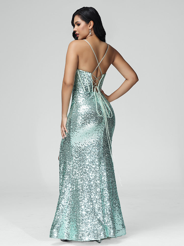 Spaghetti Straps Mermaid Sequins Wedding Guest Dress With Slit