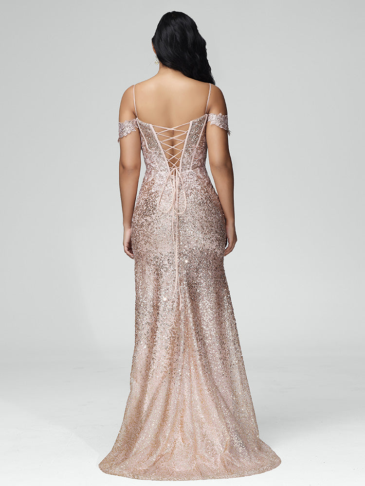 Off Shoulder Sequins Lace Up Prom Dress With Slit