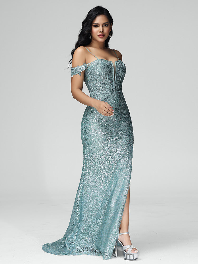 Off Shoulder Mermaid Sequins Prom Dress With Slit