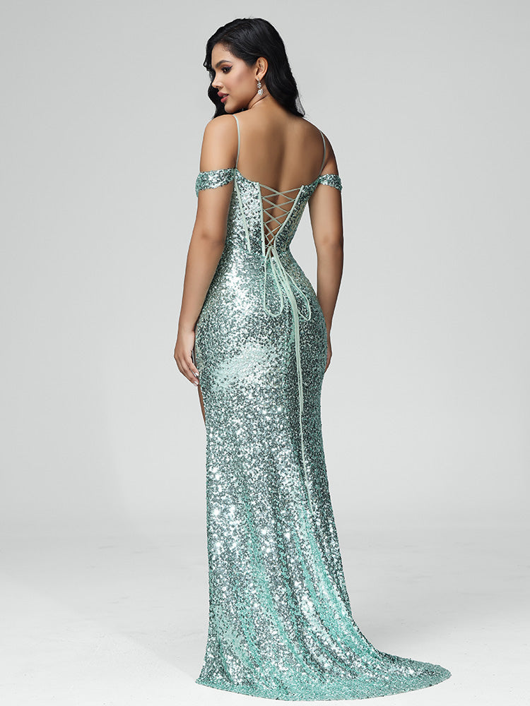 Off Shoulder Sweep Train Sequins Prom Dress With Slit
