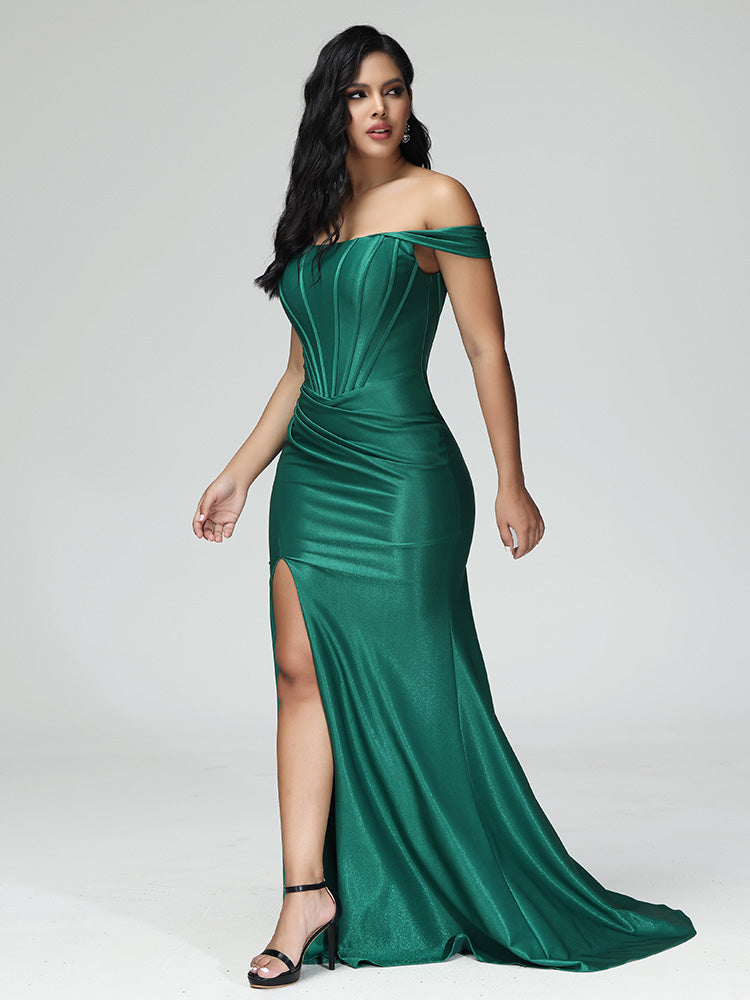 Sleeveless Off The Shoulder Strapless Prom Dress With Slit