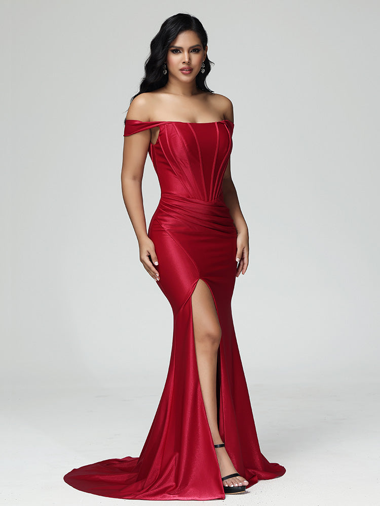 Simple Off The Shoulder Strapless Zipper Prom Dress With Slit