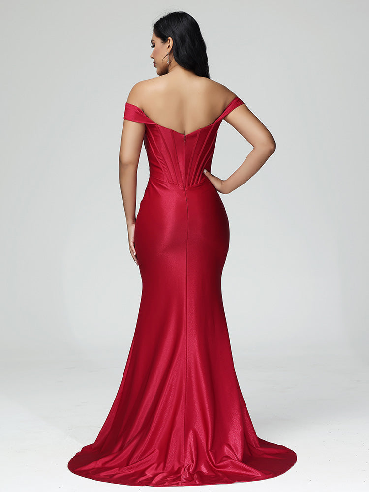 Simple Off The Shoulder Strapless Zipper Prom Dress With Slit