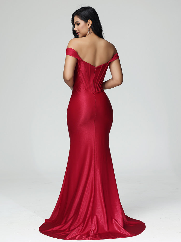 Simple Off The Shoulder Strapless Zipper Prom Dress With Slit