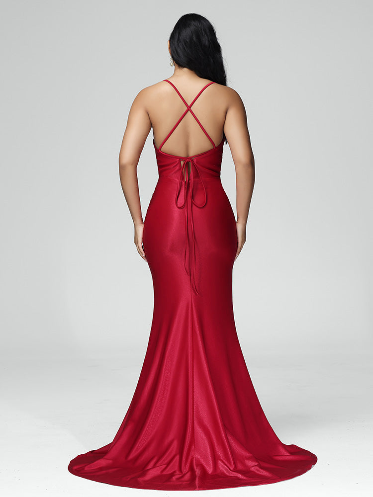Spaghetti Straps V Neck Mermaid Backless Prom Dress