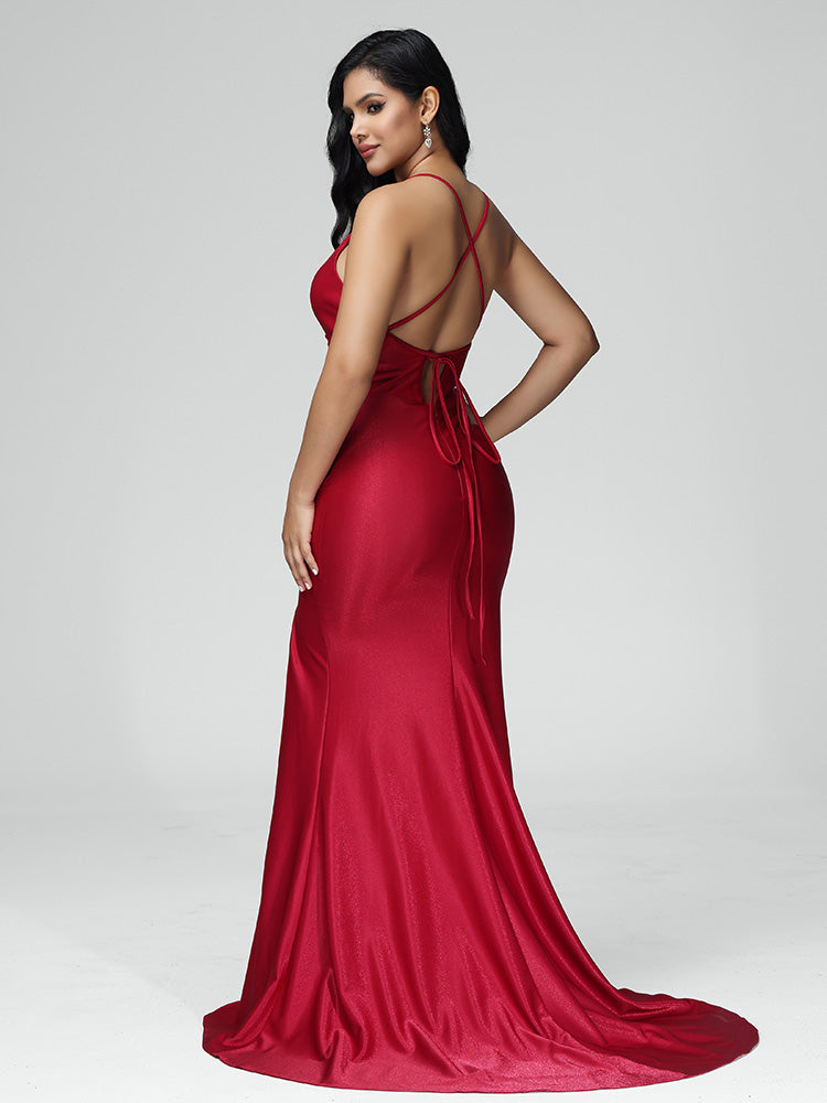 Spaghetti Straps V Neck Mermaid Backless Prom Dress