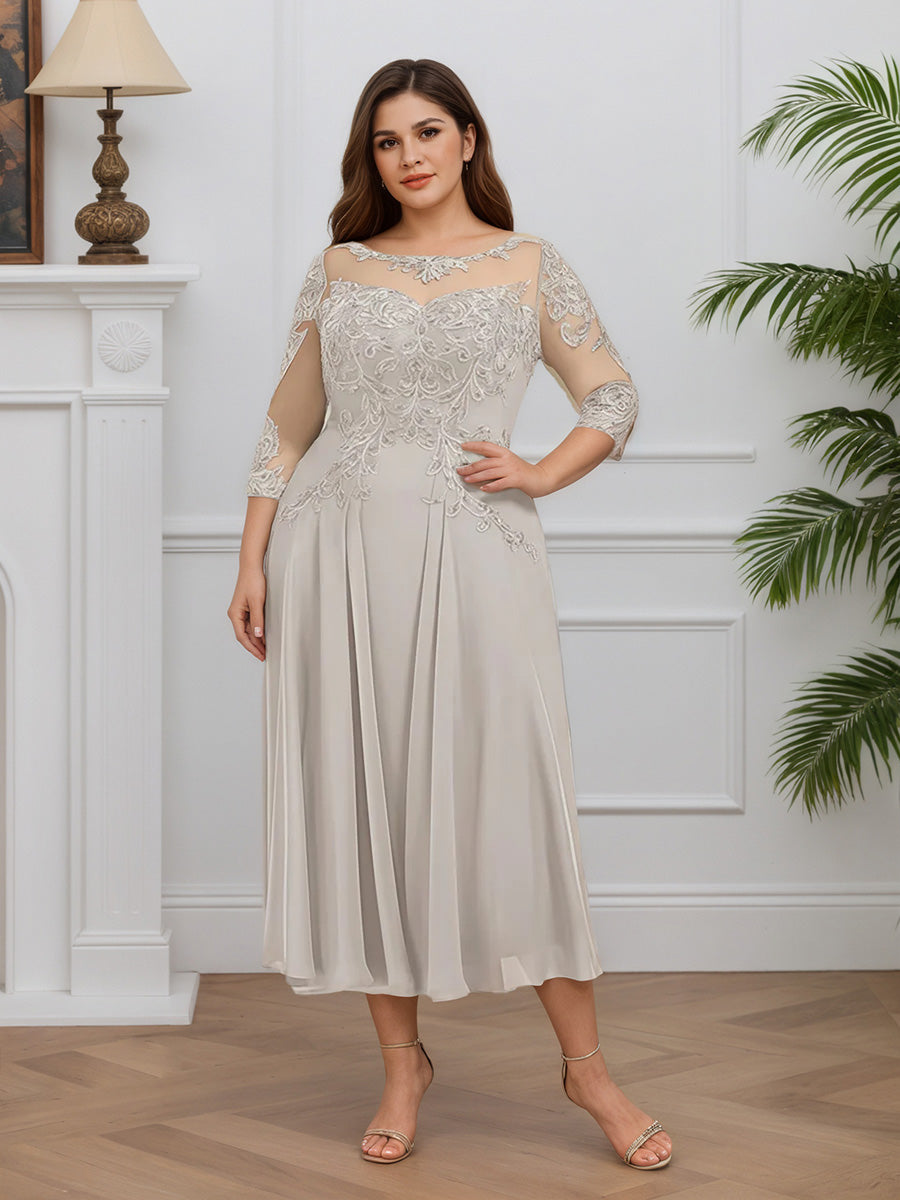 Cicinia Silver Mother Of The Groom Dress Long Chiffon Lace A-line Tea Length Plus Size