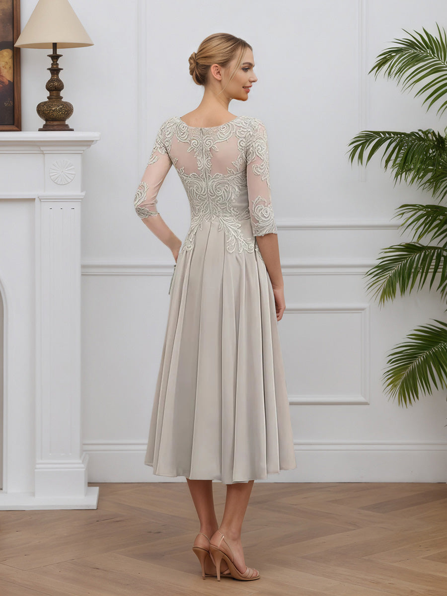 Cicinia Silver Mother Of The Bride Dress Long Chiffon Lace A-line Tea Length