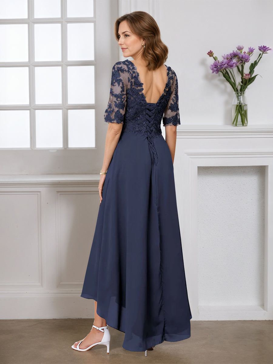 Cicinia Dark Navy Mother Of The Bride Dress Half Sleeves Long Chiffon Lace A-line V-neck High-Low Hemline