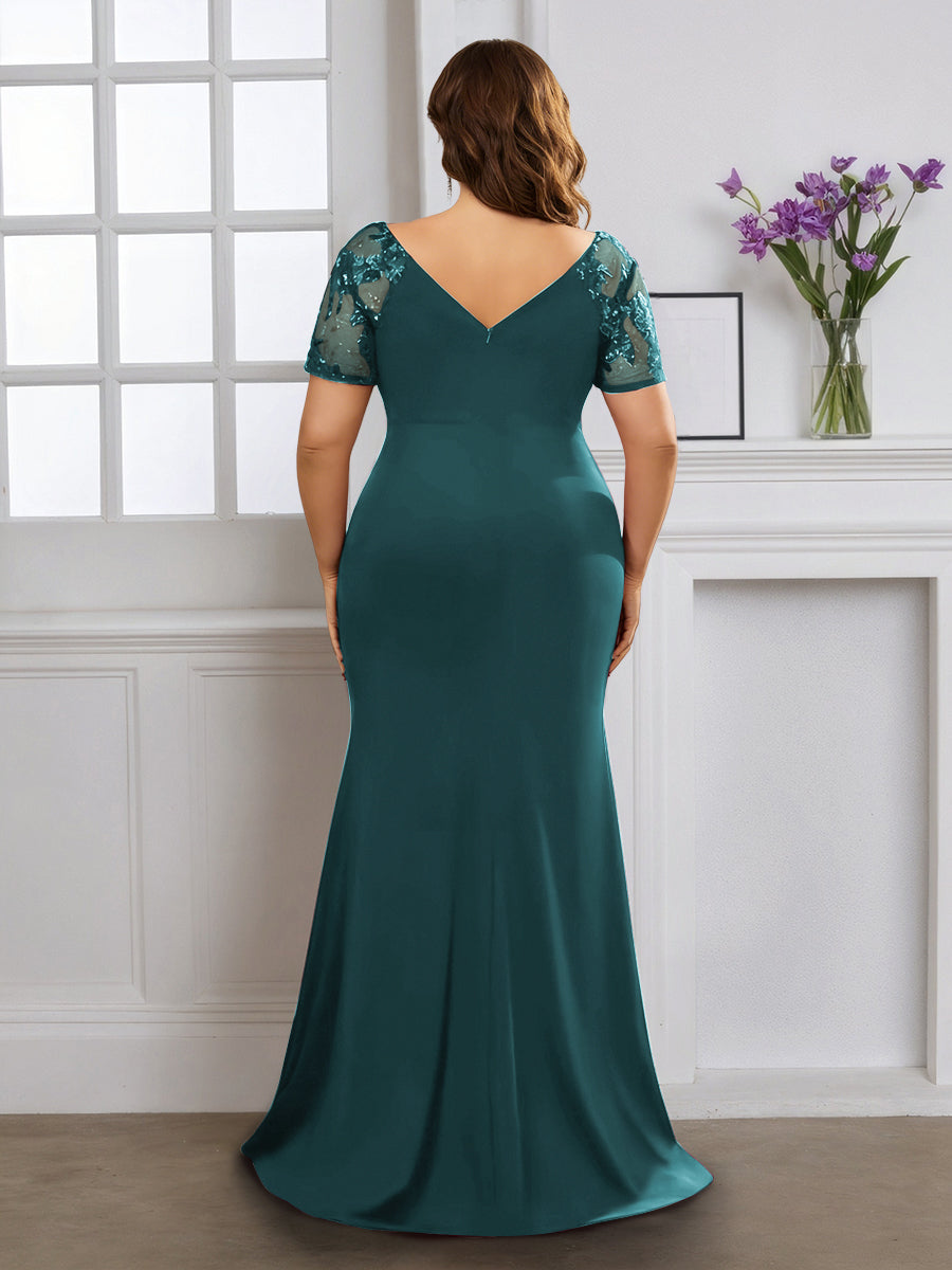 Cicinia Teal Mother Of The Bride Dress With Sleeves Plus Size Long Stretch Fabric Sheath V-neck Slit