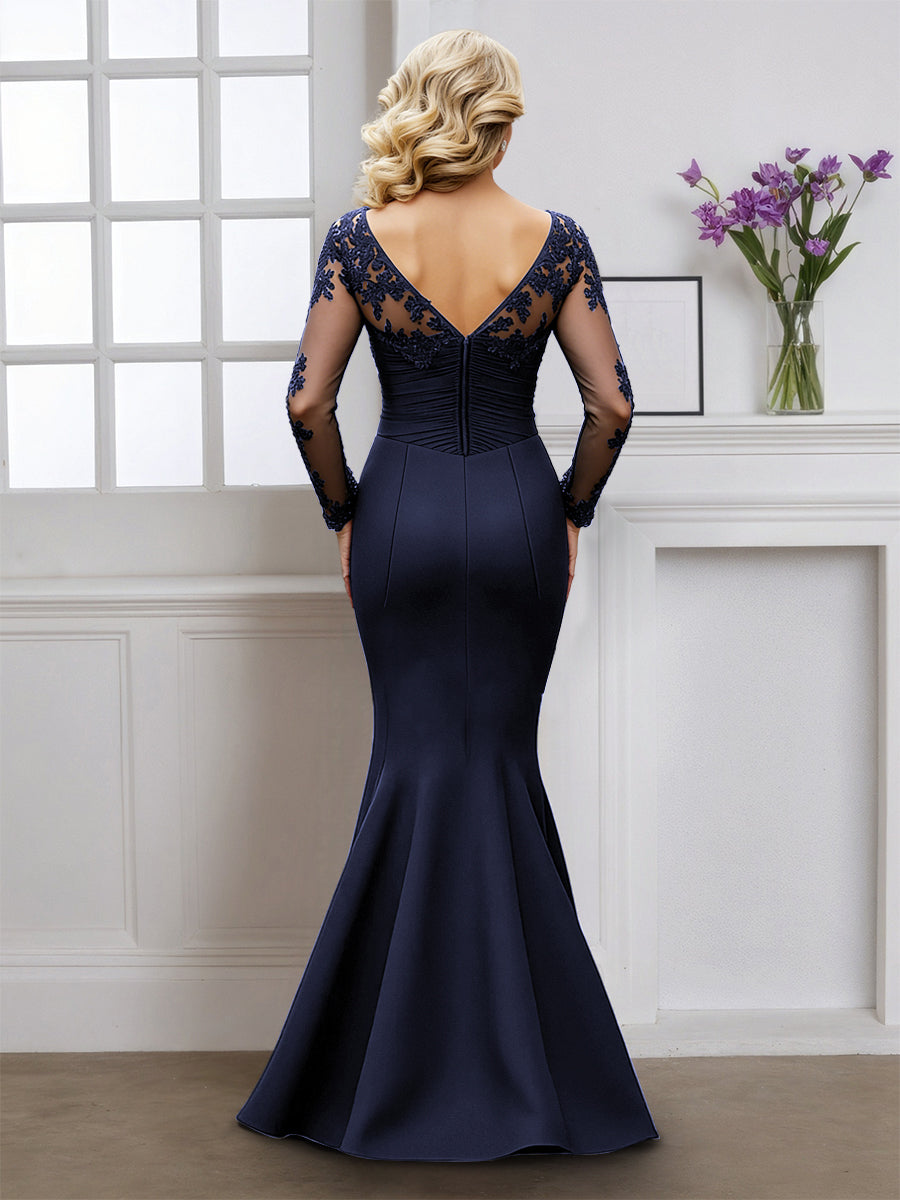 Cicinia Dark Navy Mother Of The Bride Dress With Sleeves Long Stretch Fabric Mermaid V-neck