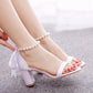 Elegant Pearl Ribbon Tie Open Toe Ankle Strap Block High Heels
