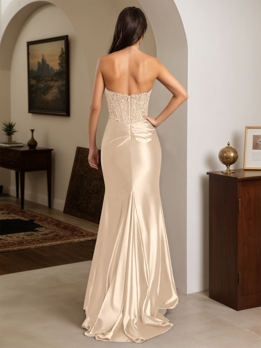 Cicinia Champagne Prom Dresses Long Stretch Satin Sheath Strapless Appliques Lace