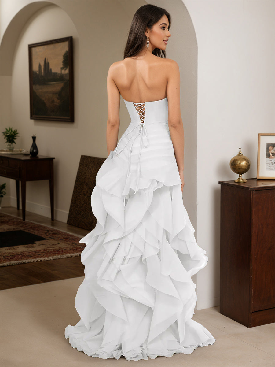 Cicinia White Prom Dresses Long Tulle Sheath Layered Strapless Dress With 3D Flower
