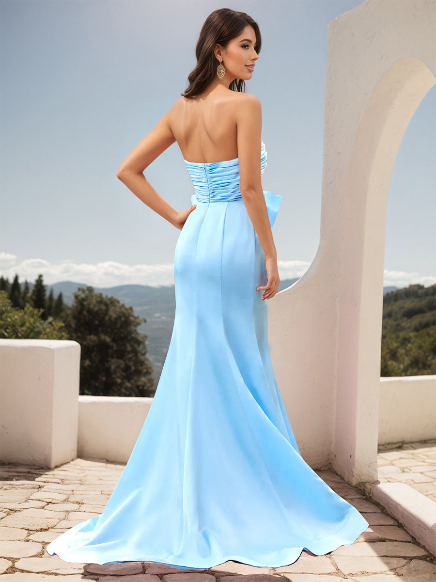 Cicinia Blue Prom Dresses Long Stretch Fabric Sheath Slit Strapless Gowns With Big Bowknot
